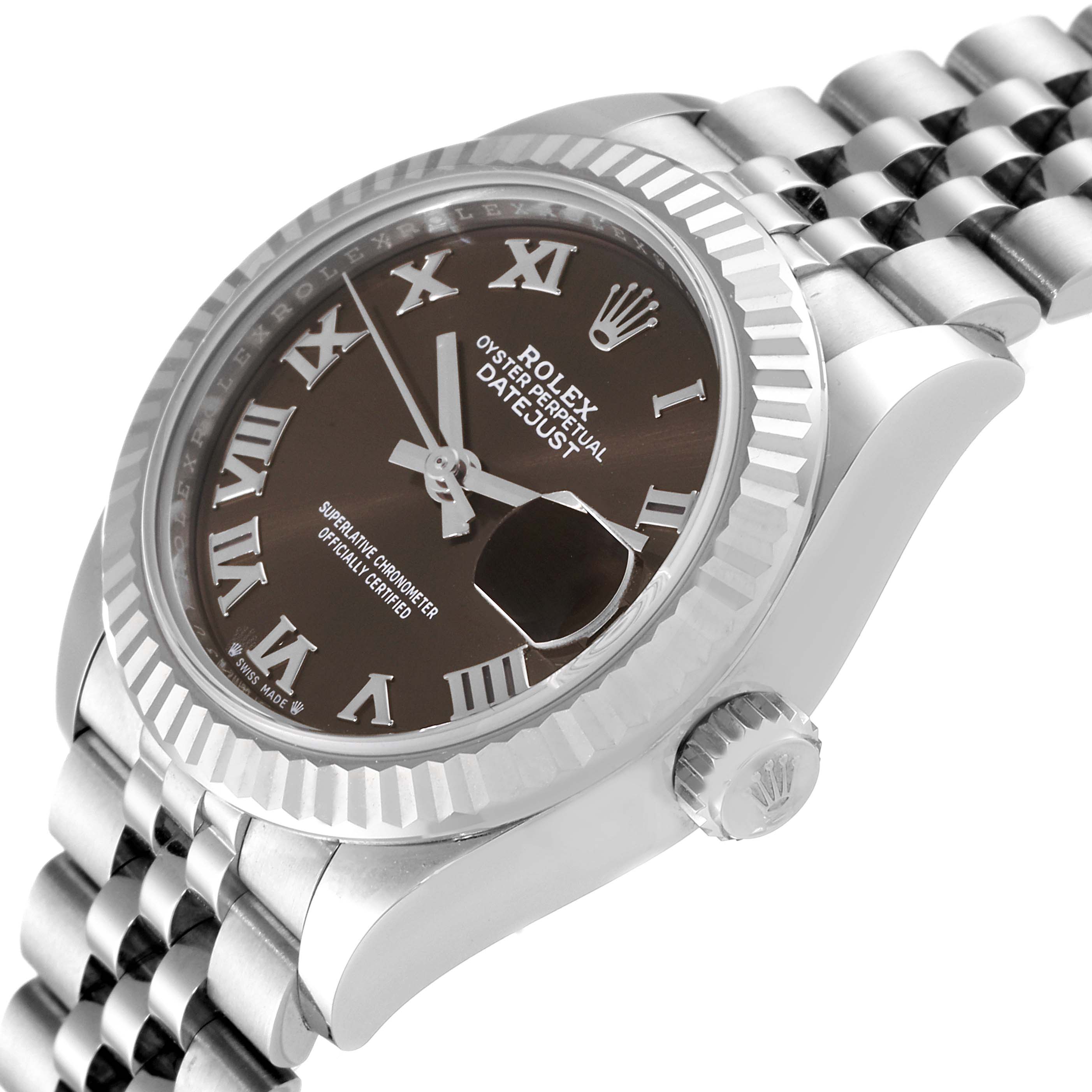 This image shows a close-up angled view of a Rolex Datejust 279174 Women's Stainless Steel Grey Dial 279174 Women's Stainless Steel Grey Dial watch face, bezel, bracelet, and crown.