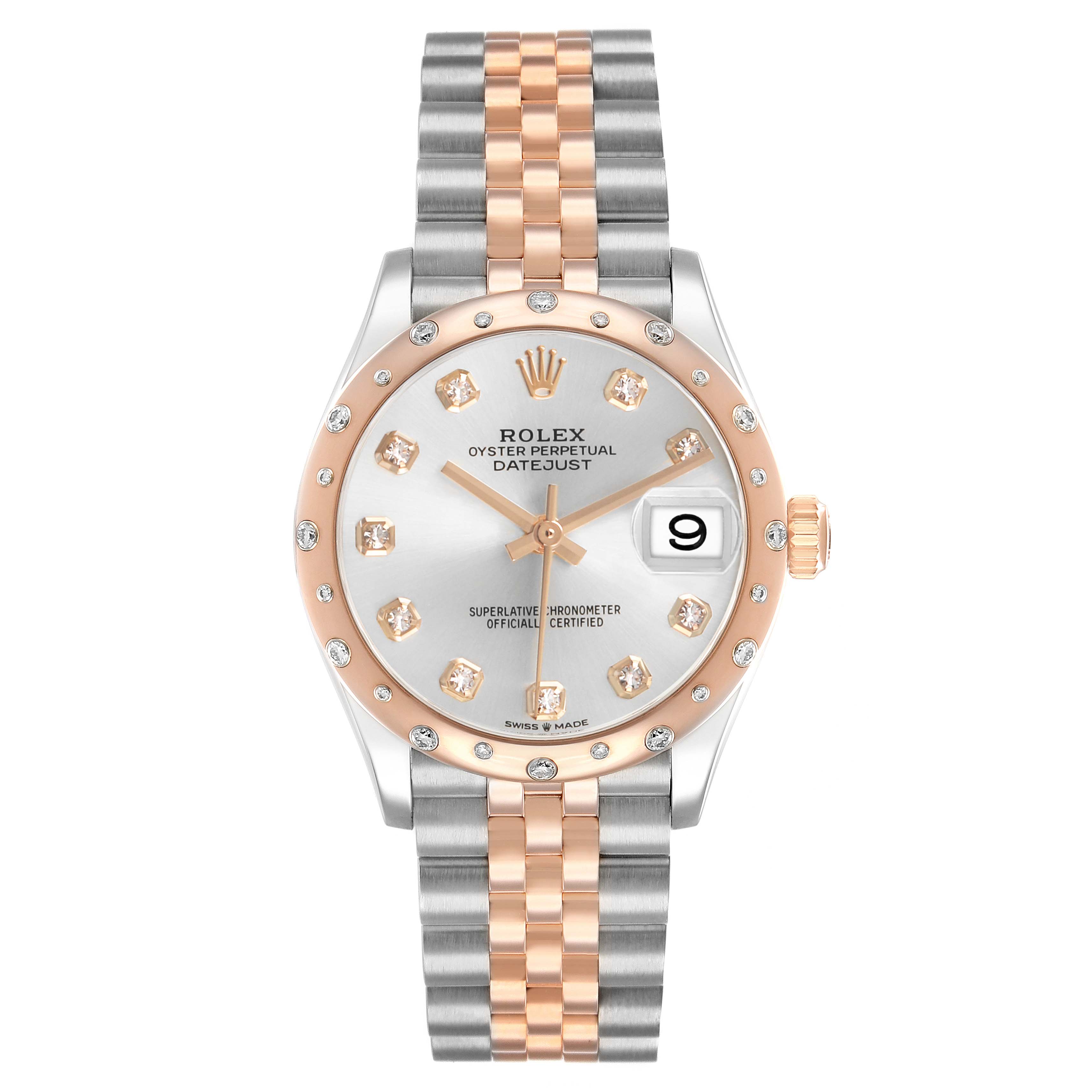 The Rolex Datejust Mid-Size watch is shown from the front, displaying the dial, bezel, and Jubilee bracelet.