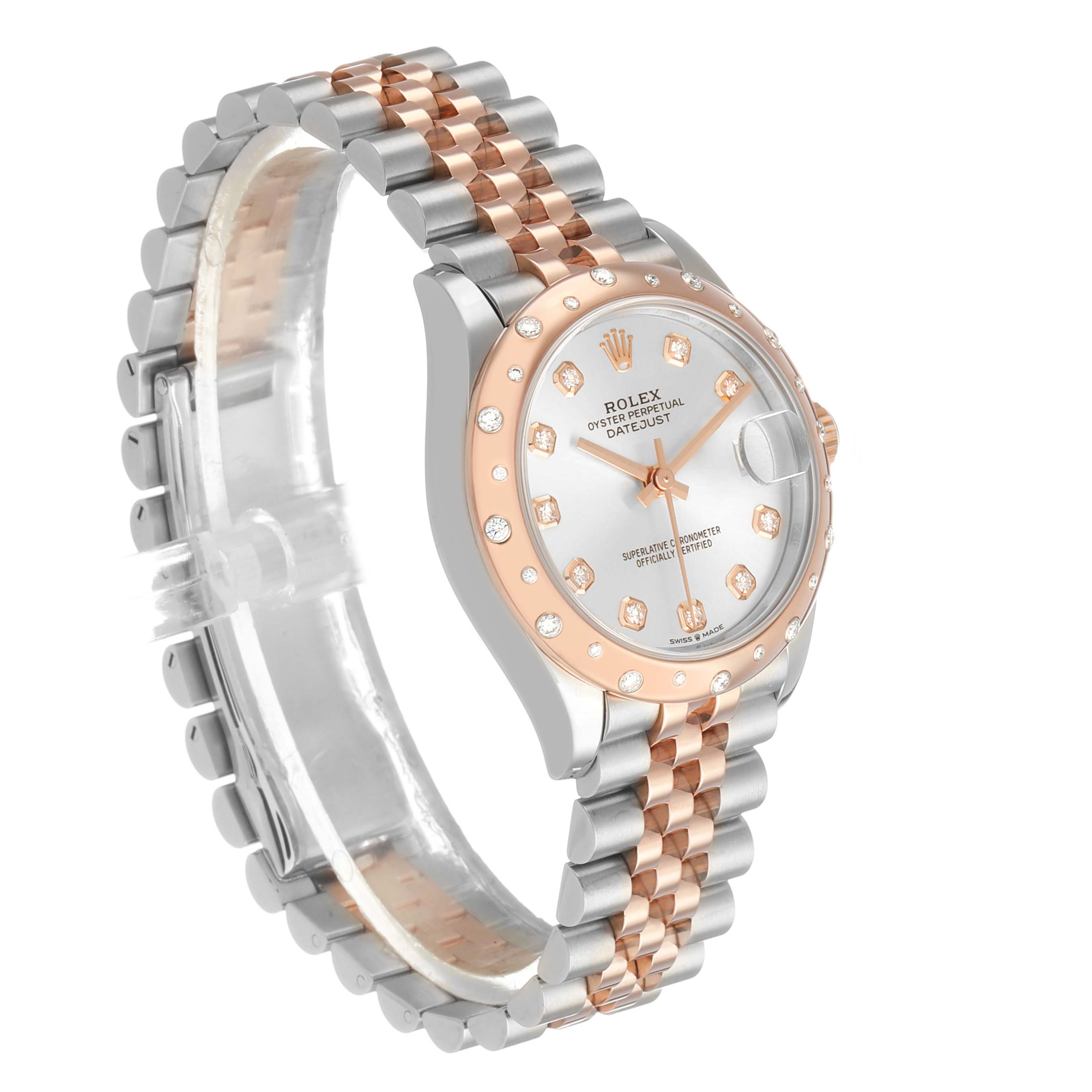 The Rolex watch is shown at a three-quarter angle, highlighting its face, bezel, and bracelet.