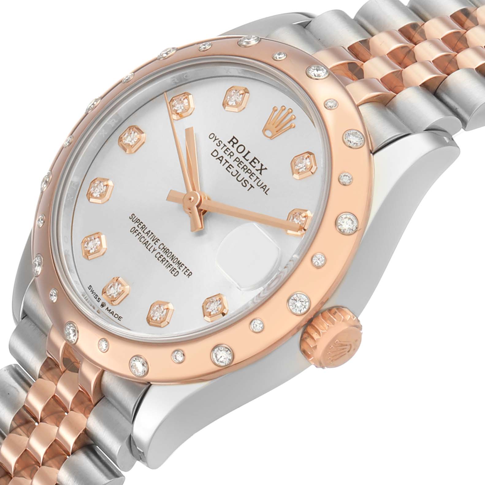 The Rolex Mid-Size M278341RBR-0016 Women's Steel and Gold (two tone) Silver Dial Datejust watch is shown from an angled side view, highlighting its bezel, crown, and bracelet.