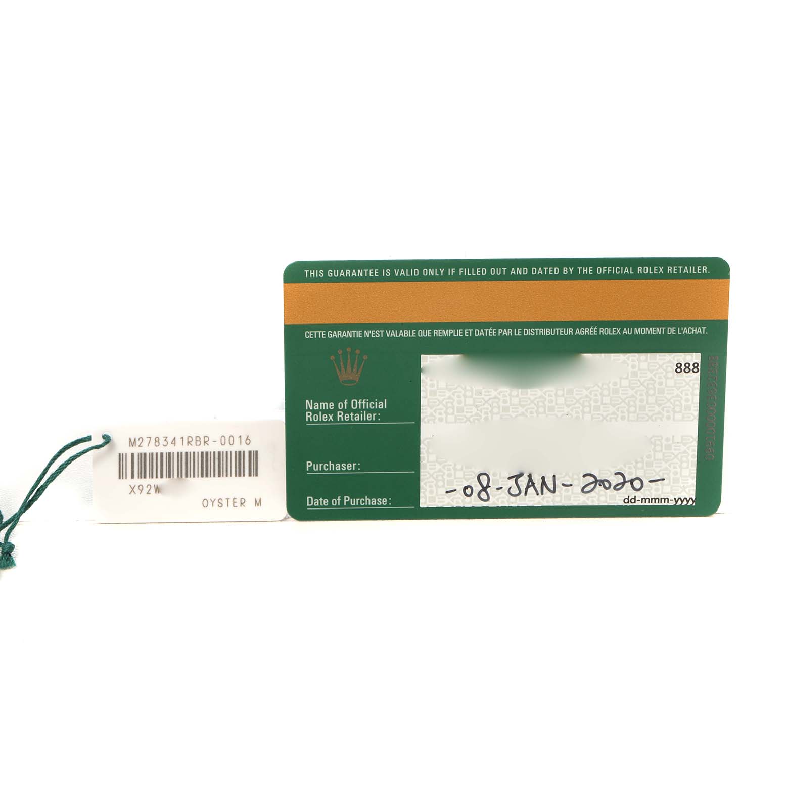 The image shows a Rolex warranty card and hang tag for a Mid-Size model, displaying purchase details and product information.