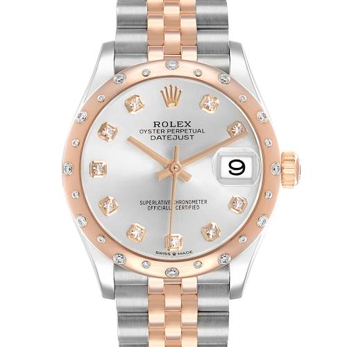 The Rolex Datejust Mid-Size watch is shown from the front, highlighting its face, bezel, and bracelet.
