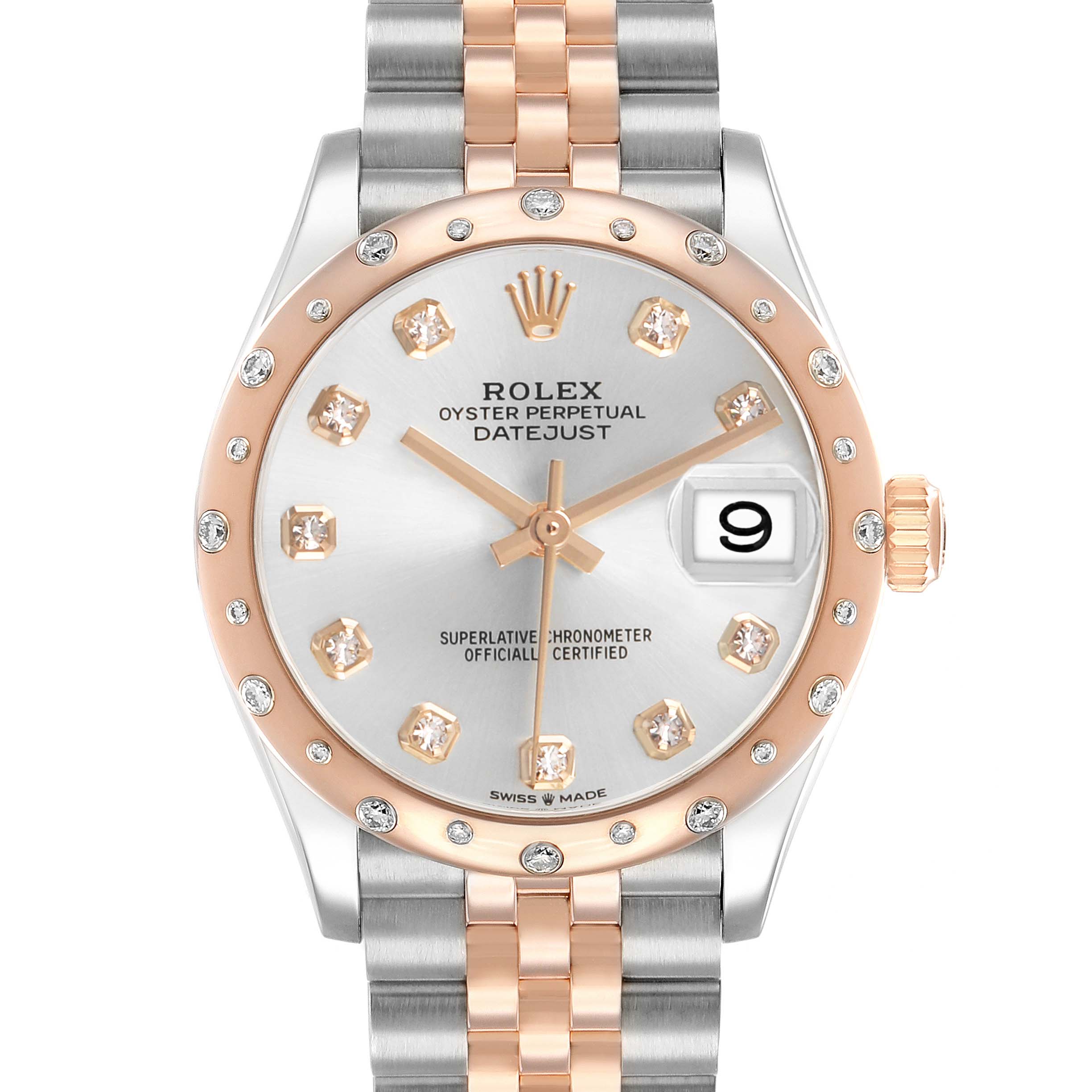 The Rolex Datejust Mid-Size is shown from a front angle, highlighting the dial, bezel, crown, and bracelet.