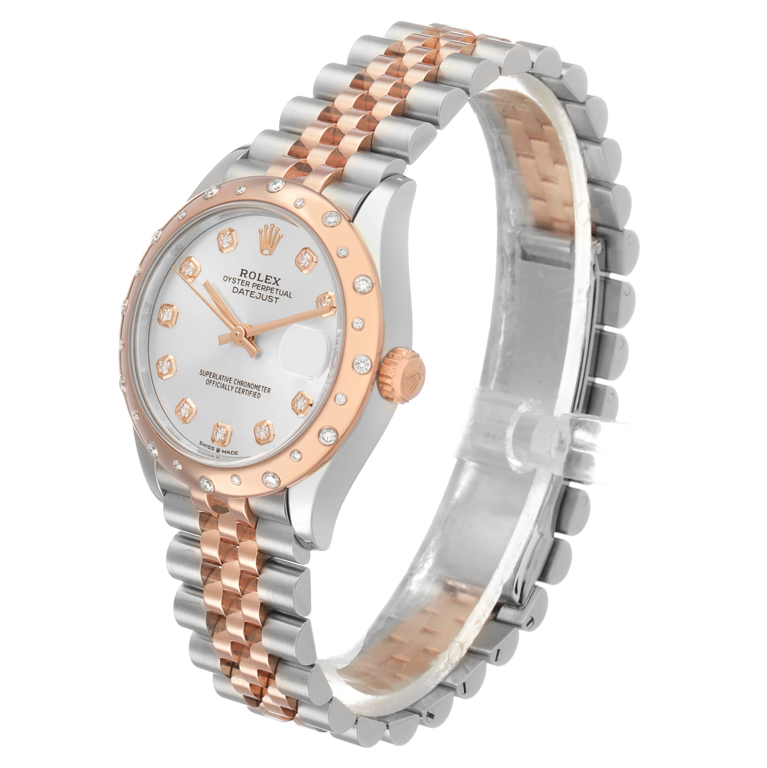 The Rolex Datejust mid-size model is shown at a three-quarter angle, highlighting the bezel, dial, and bracelet.