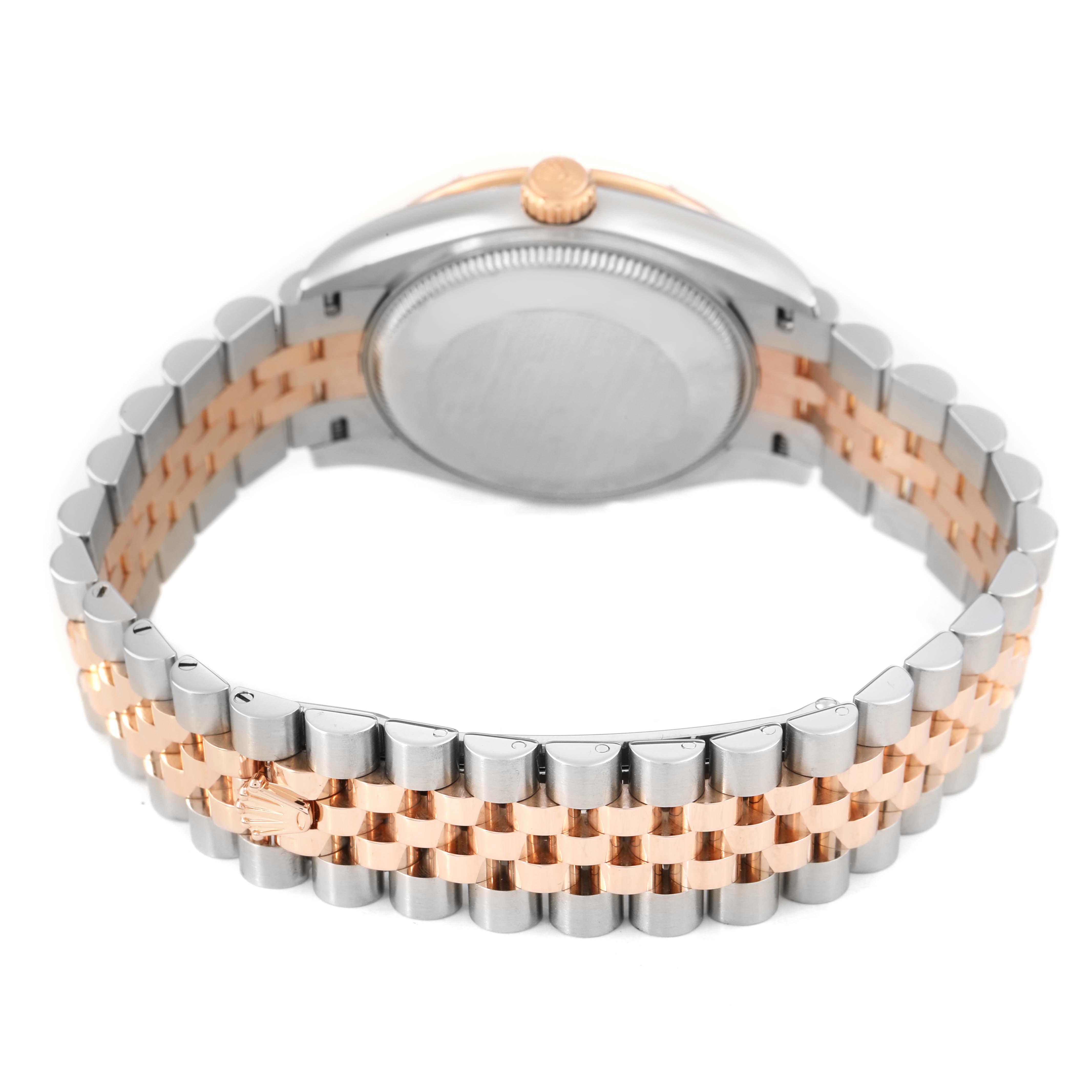 The image shows the back of the Rolex Mid-Size M278341RBR-0016 Women's Steel and Gold (two tone) Silver Dial watch, highlighting the bracelet and part of the case.