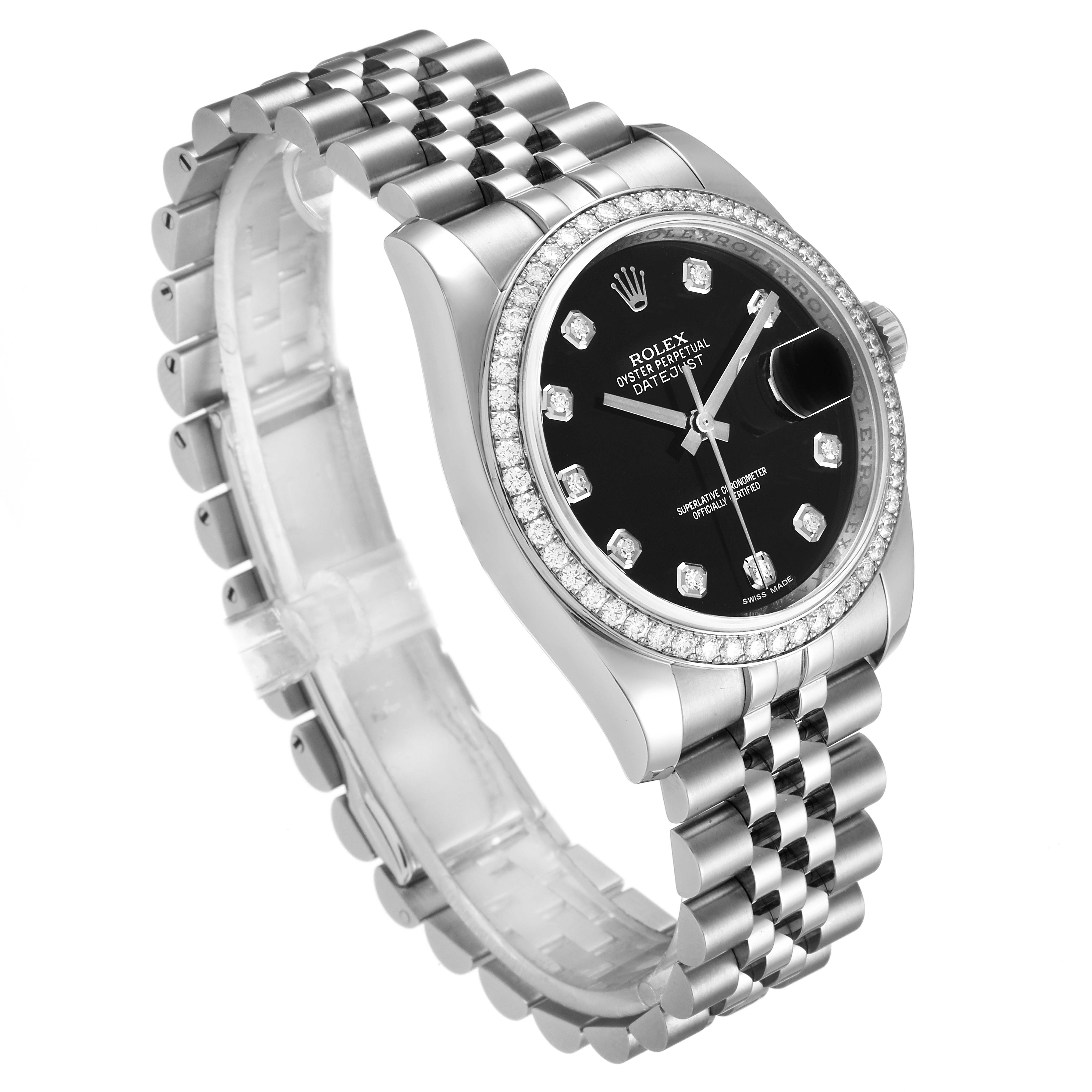 The Rolex Datejust 116244 Men
s Stainless Steel Black Dial 116244 Men
s Stainless Steel Black Dial watch is shown at a three-quarter angle, highlighting its black dial, diamond bezel, and Jubilee bracelet.