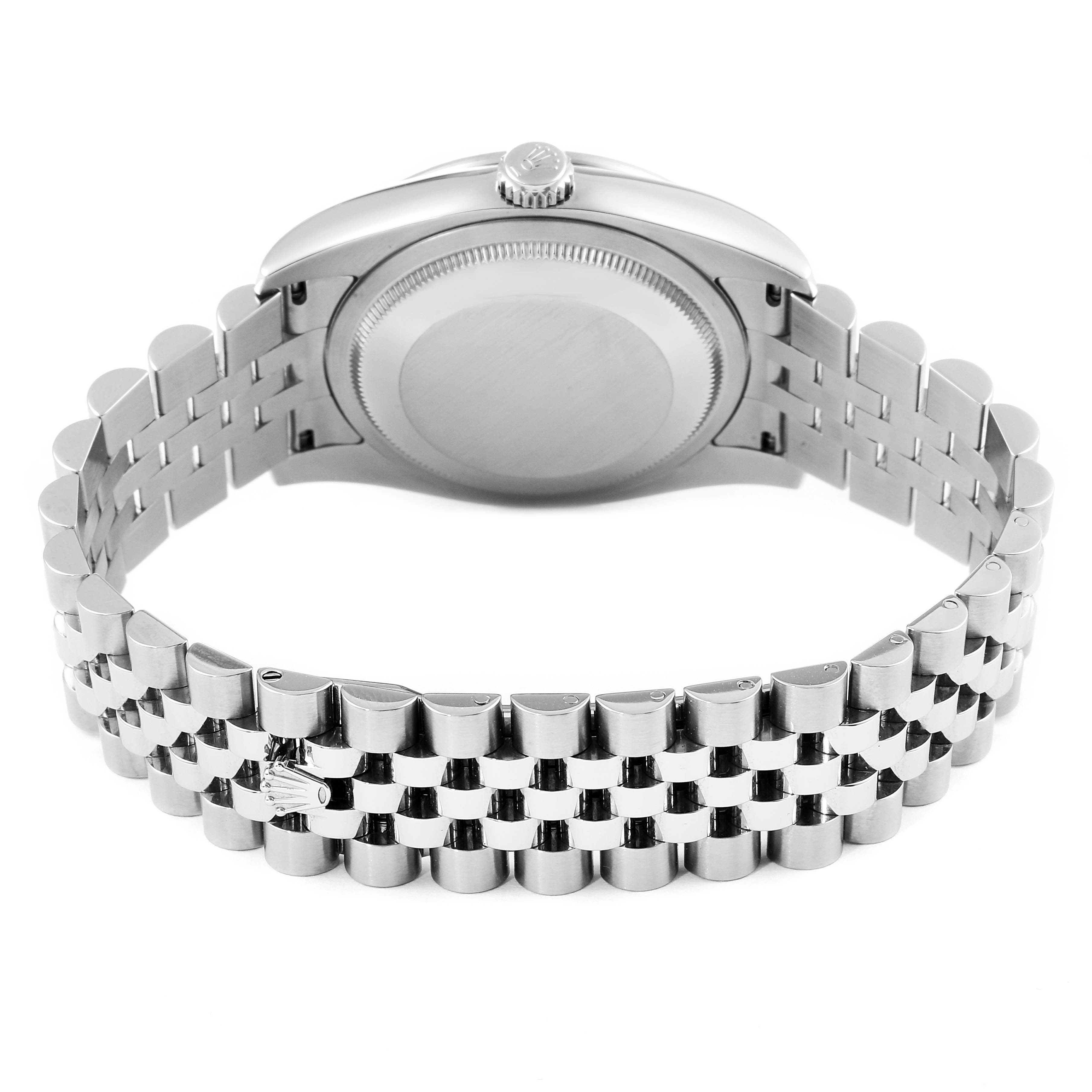 This image shows the back view of a Rolex Datejust 116244 Men
s Stainless Steel Black Dial 116244 Men
s Stainless Steel Black Dial watch, highlighting its case back and Jubillee bracelet.