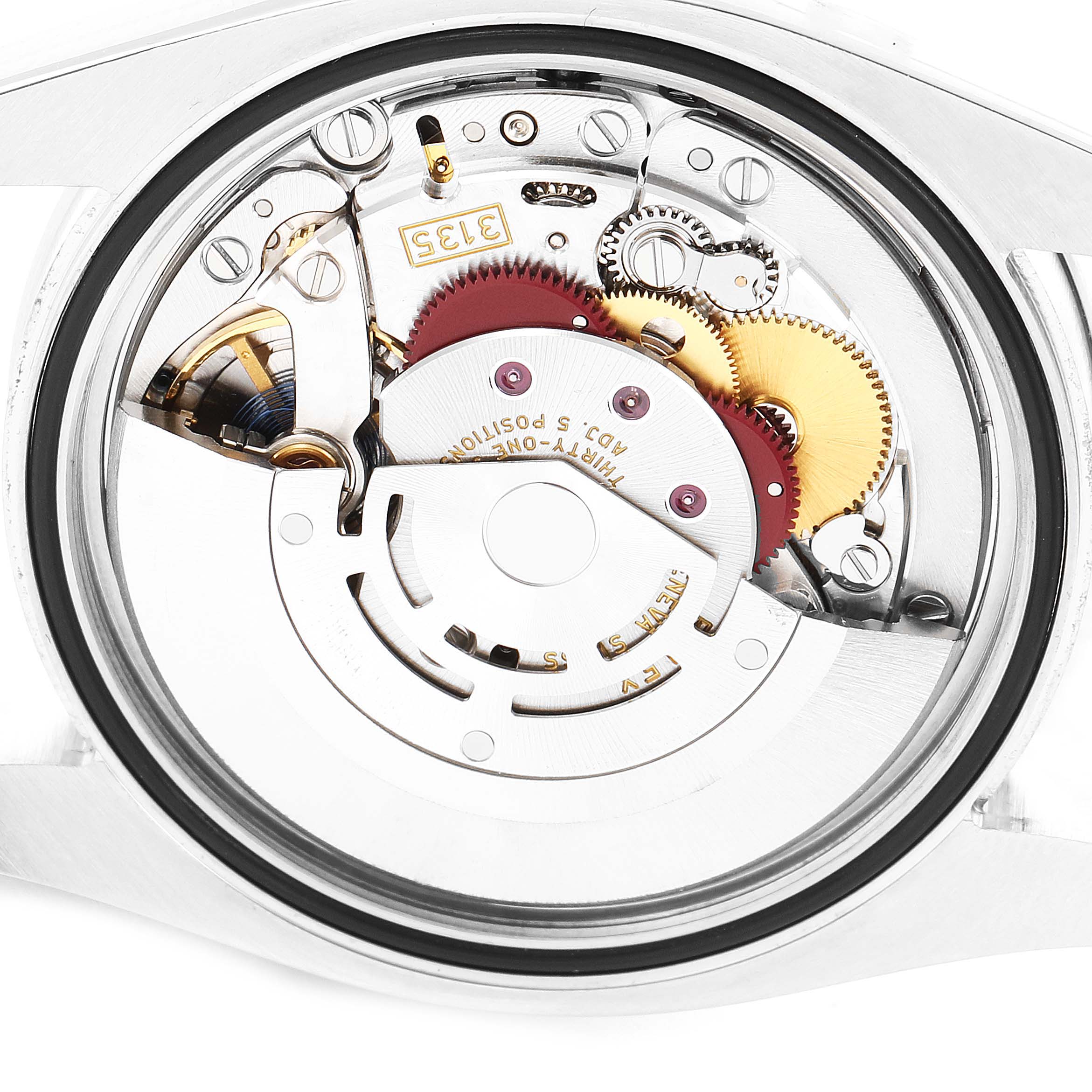 The image shows the internal mechanism of the Rolex Datejust 116244 Men
s Stainless Steel Black Dial 116244 Men
s Stainless Steel Black Dial watch from a back angle, highlighting gears and movement components.