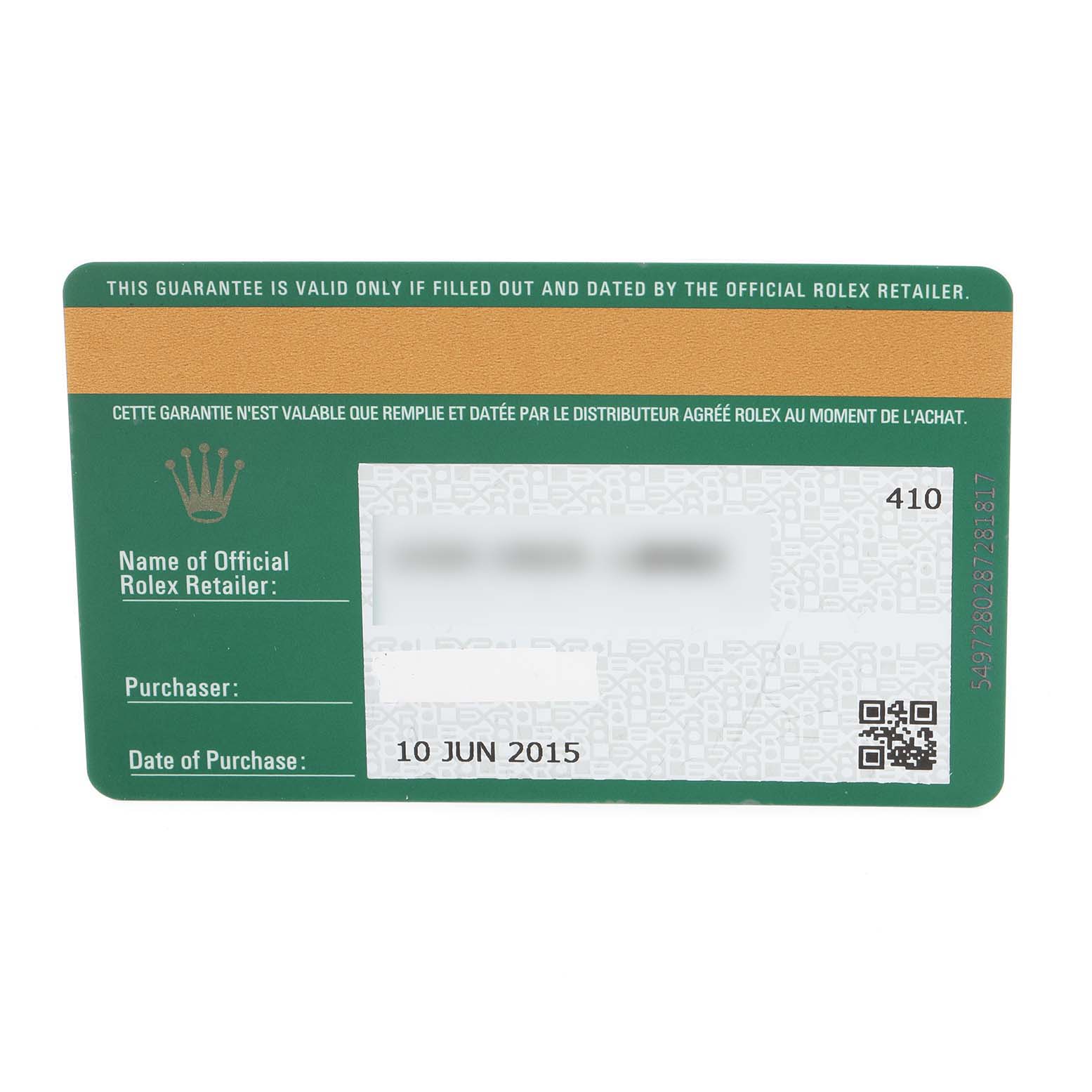 This image shows a green and gold guarantee card for a Rolex Datejust 116244 Men
s Stainless Steel Black Dial 116244 Men
s Stainless Steel Black Dial, detailing the official retailer and date of purchase.