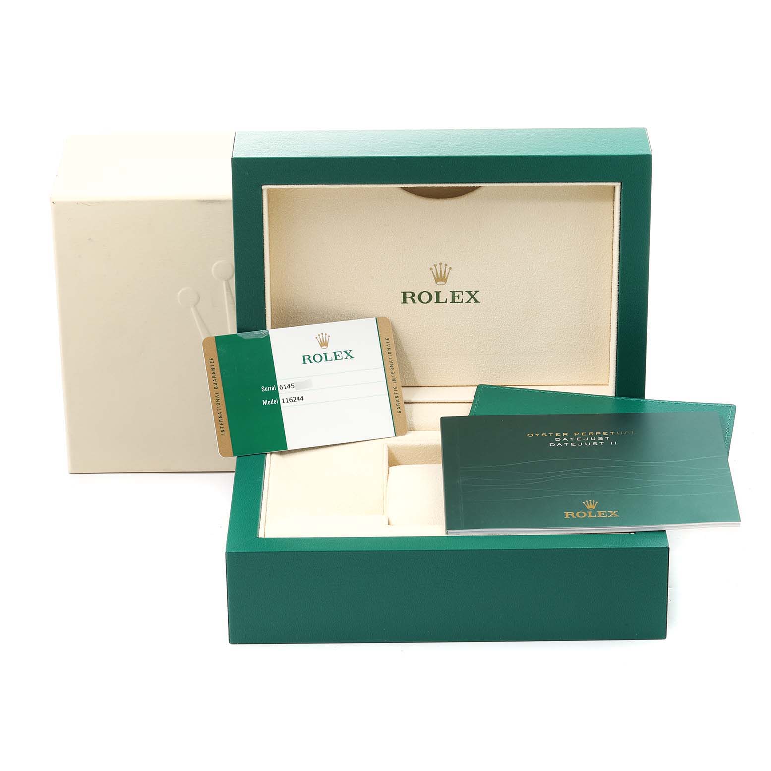 The image shows the open box and documents for a Rolex Datejust 116244 Men
s Stainless Steel Black Dial 116244 Men
s Stainless Steel Black Dial watch, including warranty card and manual.