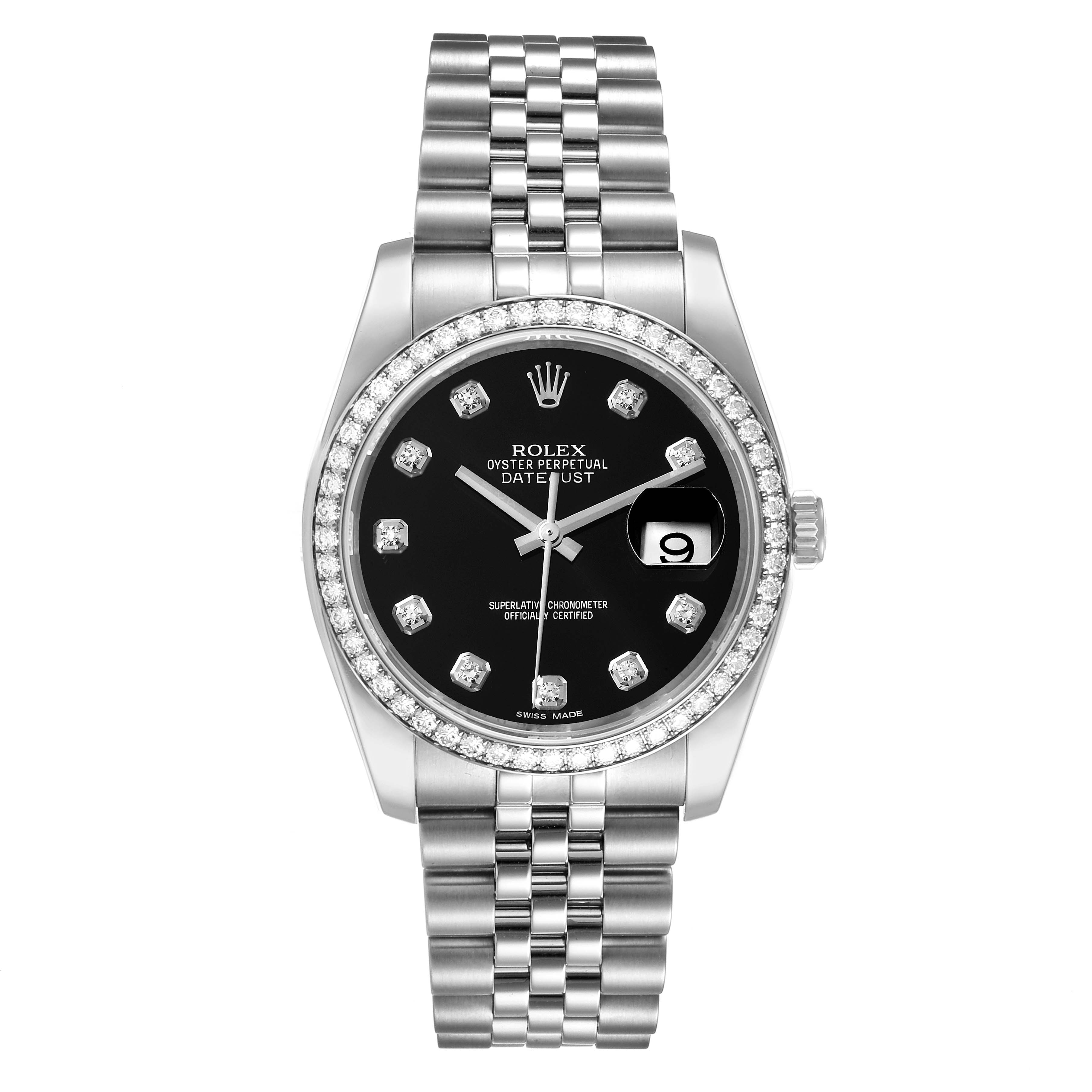 This image shows a Rolex Datejust 116244 Men
s Stainless Steel Black Dial 116244 Men
s Stainless Steel Black Dial watch from a front angle, highlighting its black dial, date window, and metal bracelet.