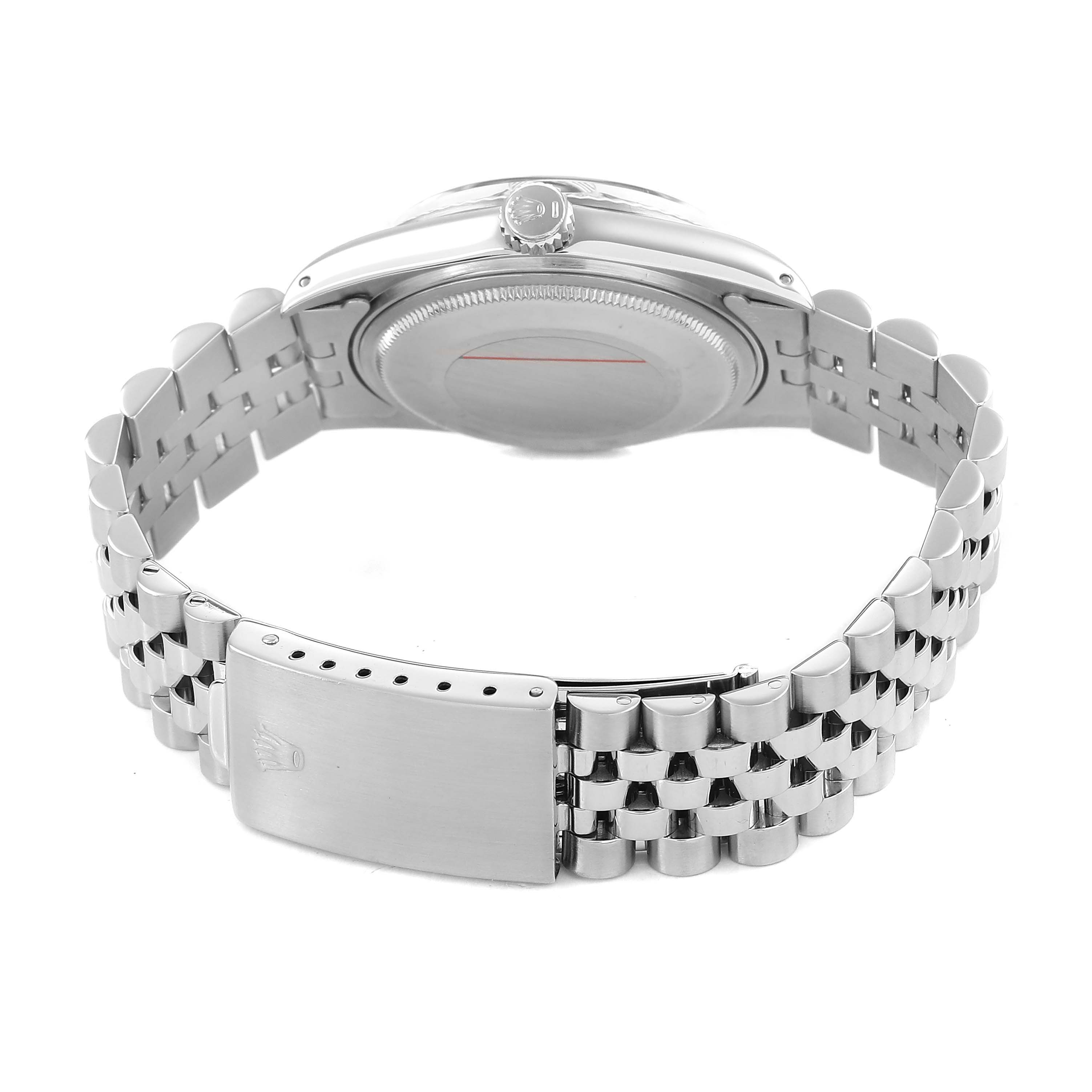 The image shows the back view of a Rolex Datejust 16014 Men's Steel and Gold (two tone) Blue Dial, highlighting its clasp, bracelet, and crown.