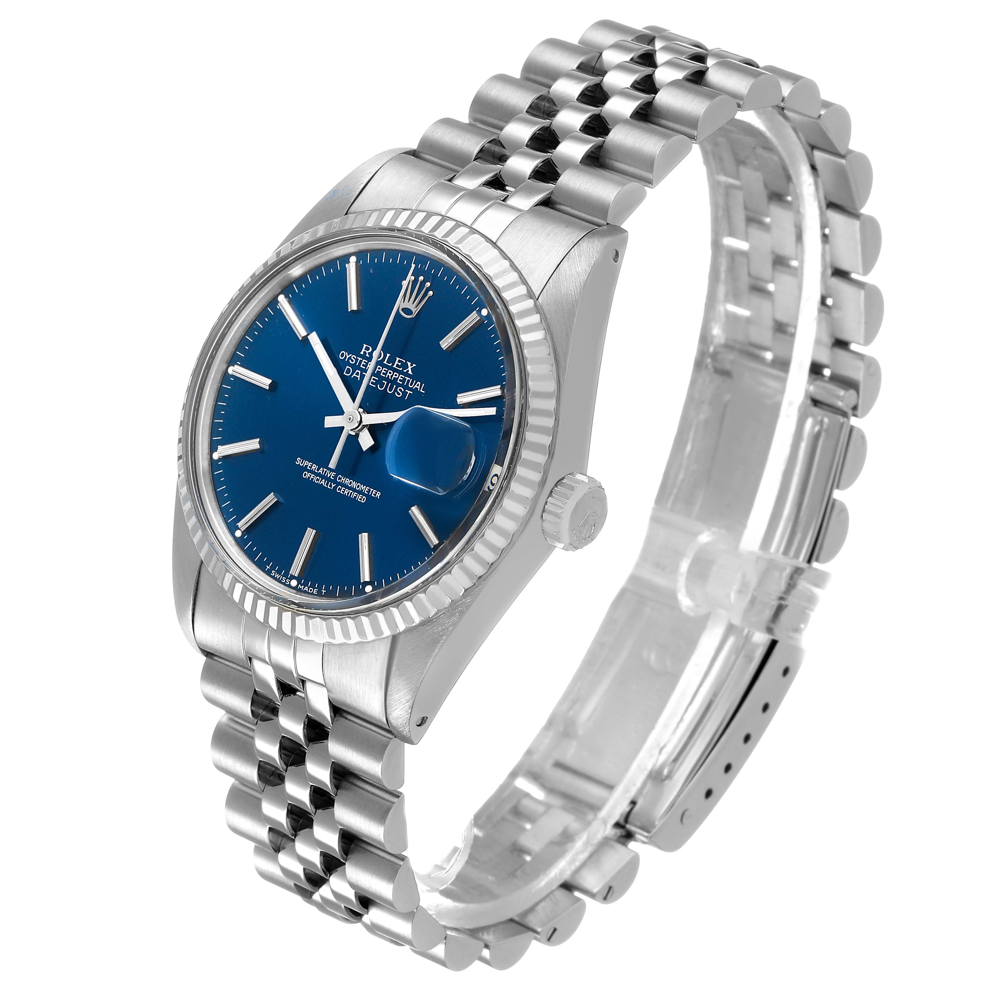The Rolex Datejust 16014 Men's Steel and Gold (two tone) Blue Dial watch is shown at a three-quarter angle, displaying the dial, bezel, case, crown, and Jubilee bracelet.