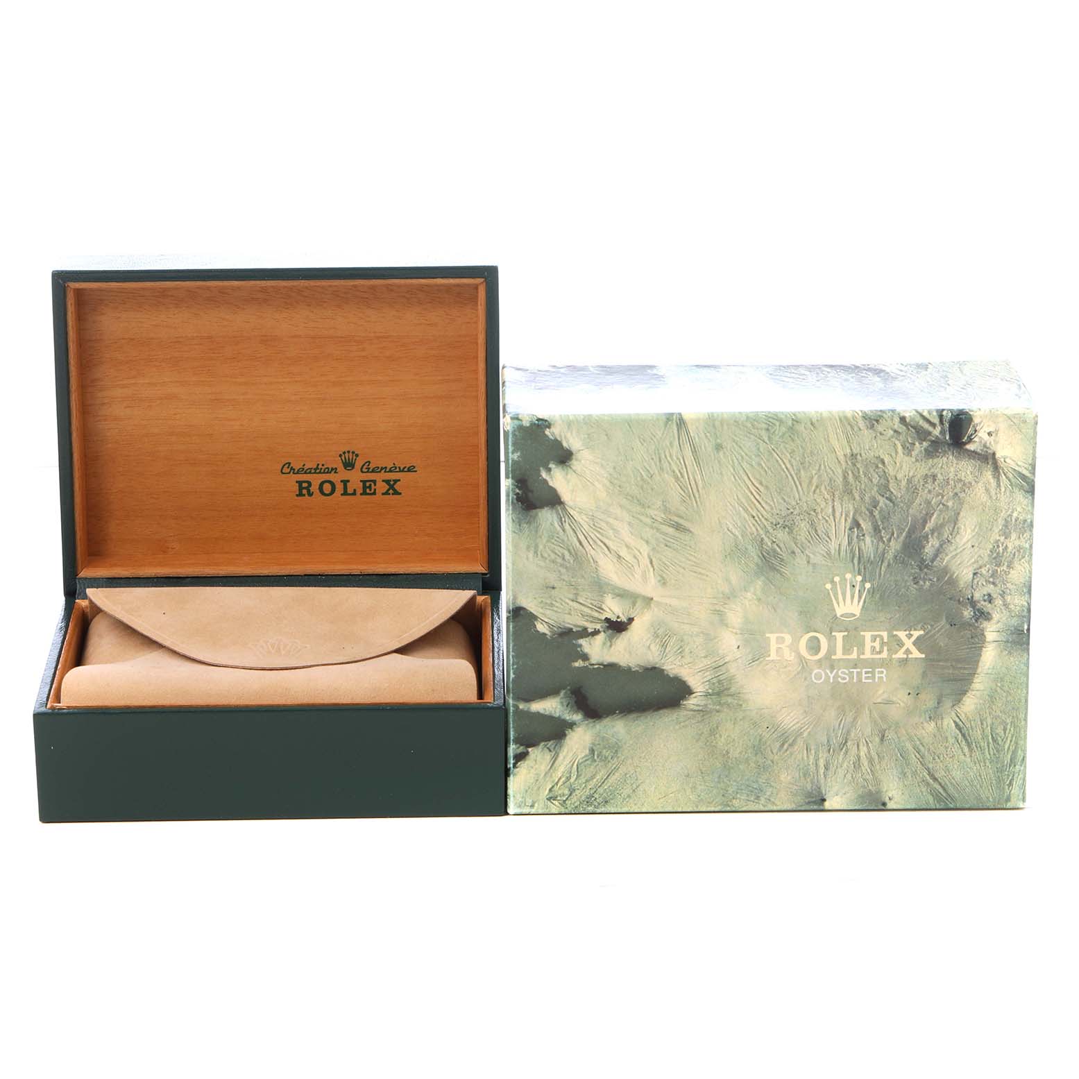 The image shows a Rolex Datejust 16014 Men's Steel and Gold (two tone) Blue Dial watch box and cover from a front angle, with the box open and a leather pouch inside.