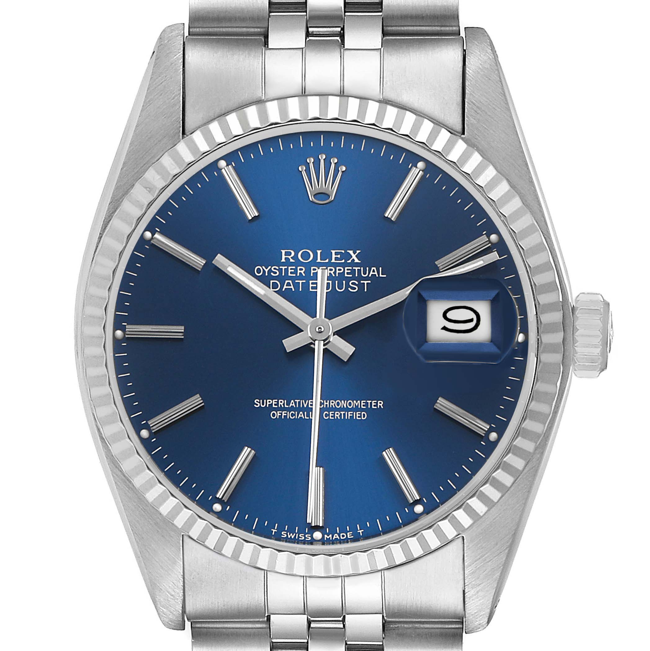 The Rolex Datejust 16014 Men's Steel and Gold (two tone) Blue Dial watch is shown from a front angle, highlighting the dial, bezel, hands, date window, and bracelet.