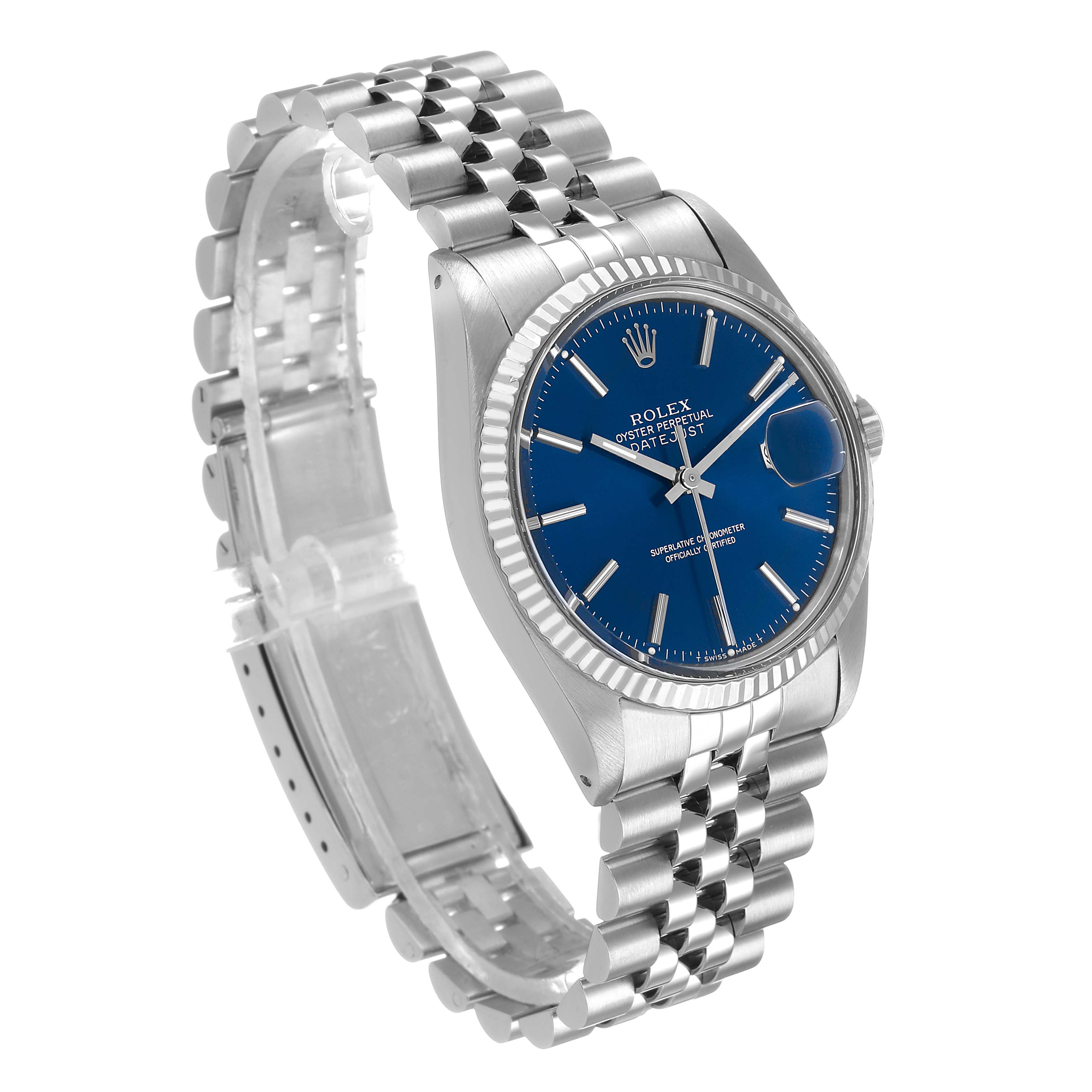 The Rolex Datejust 16014 Men's Steel and Gold (two tone) Blue Dial watch is shown at a three-quarter angle, displaying the face, bezel, and Jubilee bracelet.