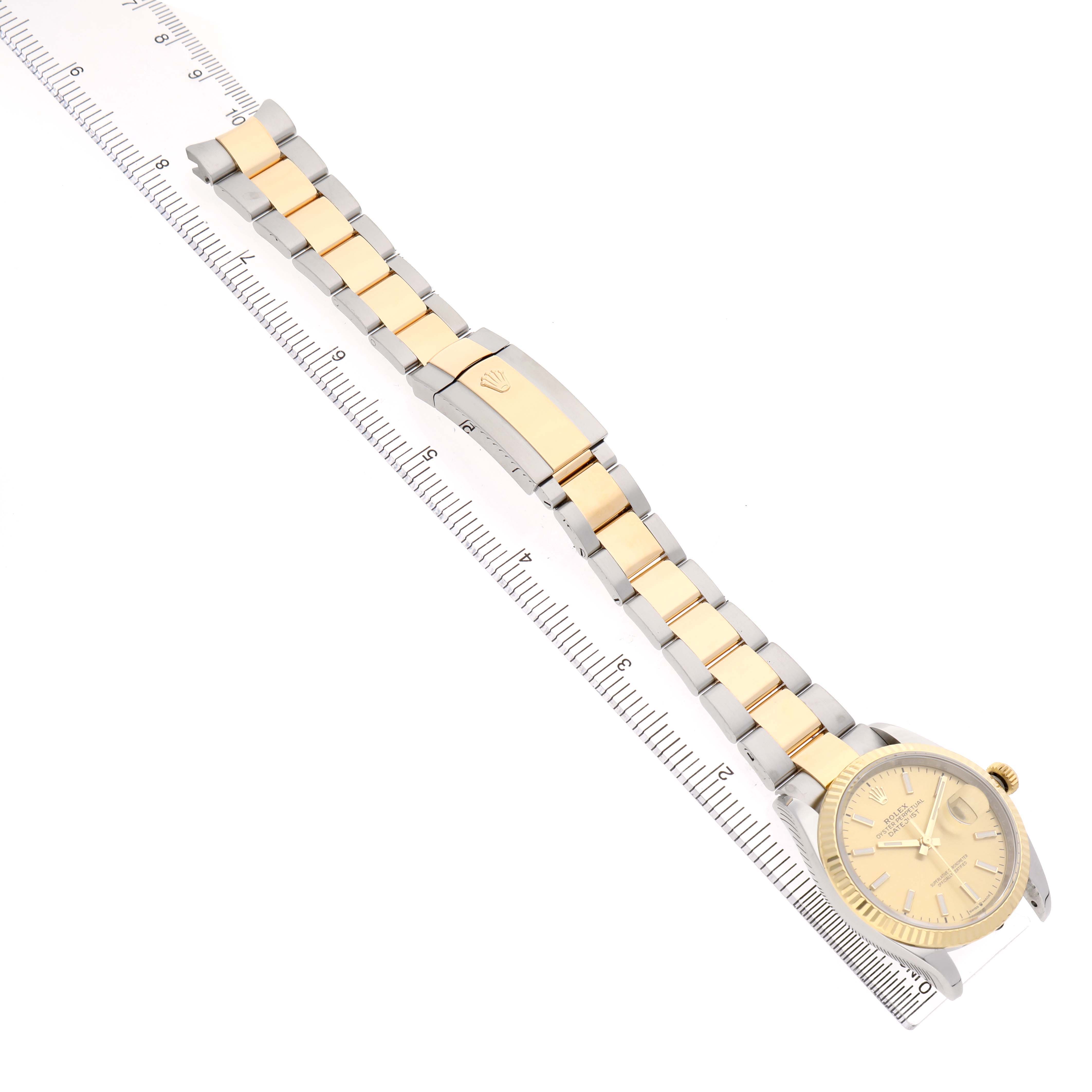The image shows a Rolex Datejust 126233 Men's Steel and Gold (two tone) Champagne Dial watch laid flat, displaying the face, bracelet, and clasp from a top-down angle.