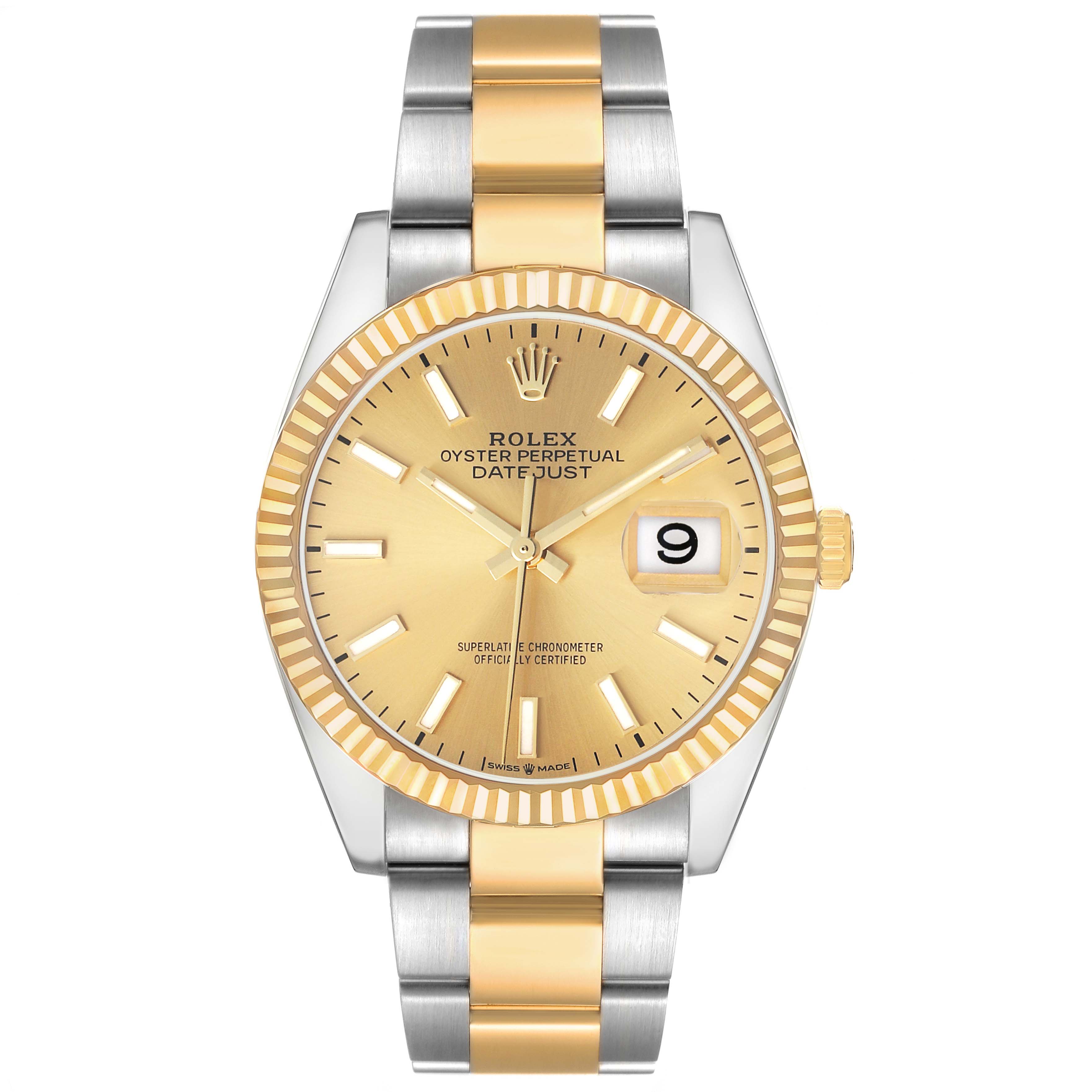 The Rolex Datejust 126233 Men's Steel and Gold (two tone) Champagne Dial watch is shown from the front, highlighting the face, bezel, and bracelet.
