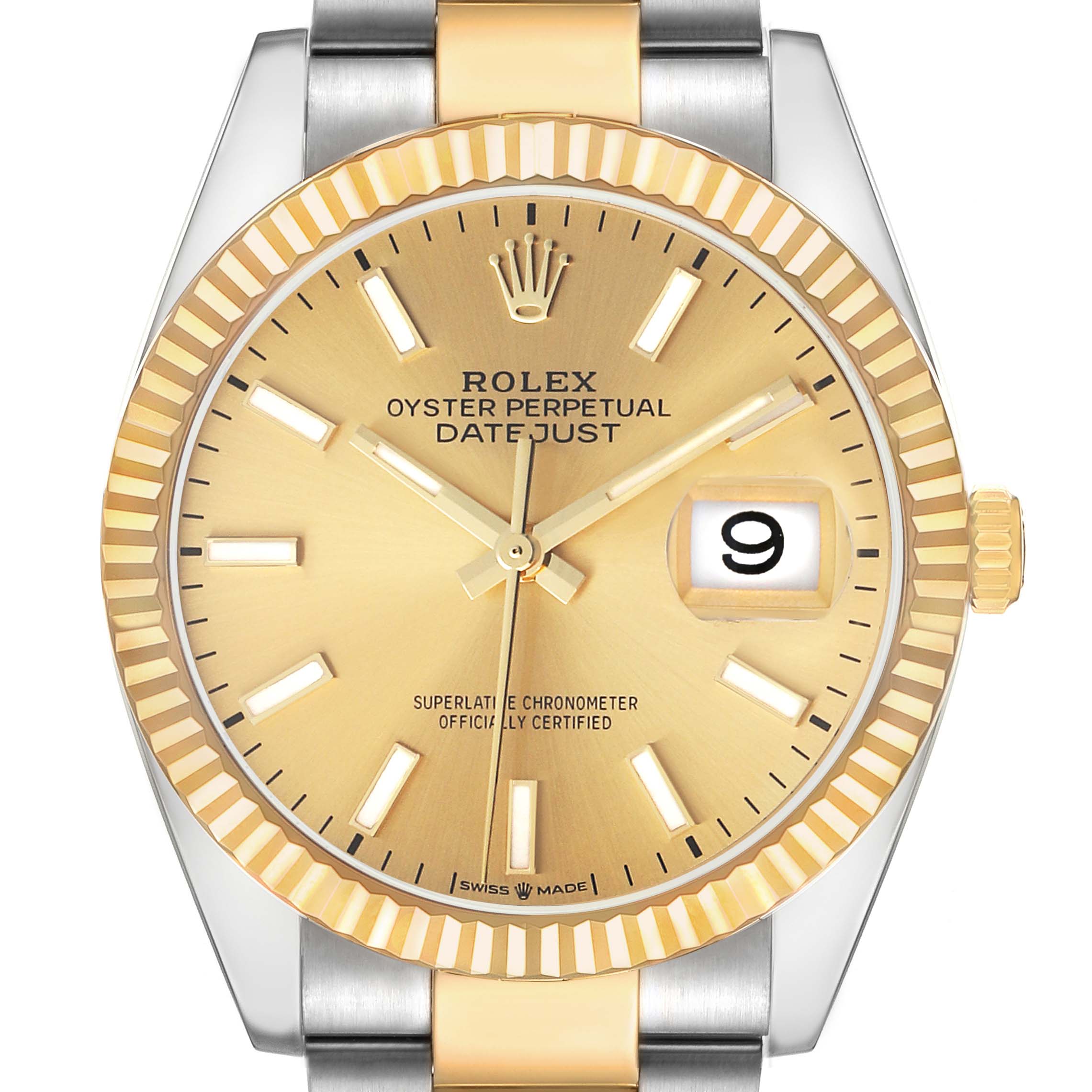 The Rolex Datejust 126233 Men's Steel and Gold (two tone) Champagne Dial watch is shown from the front, displaying the dial, hands, date, bezel, and partial bracelet.