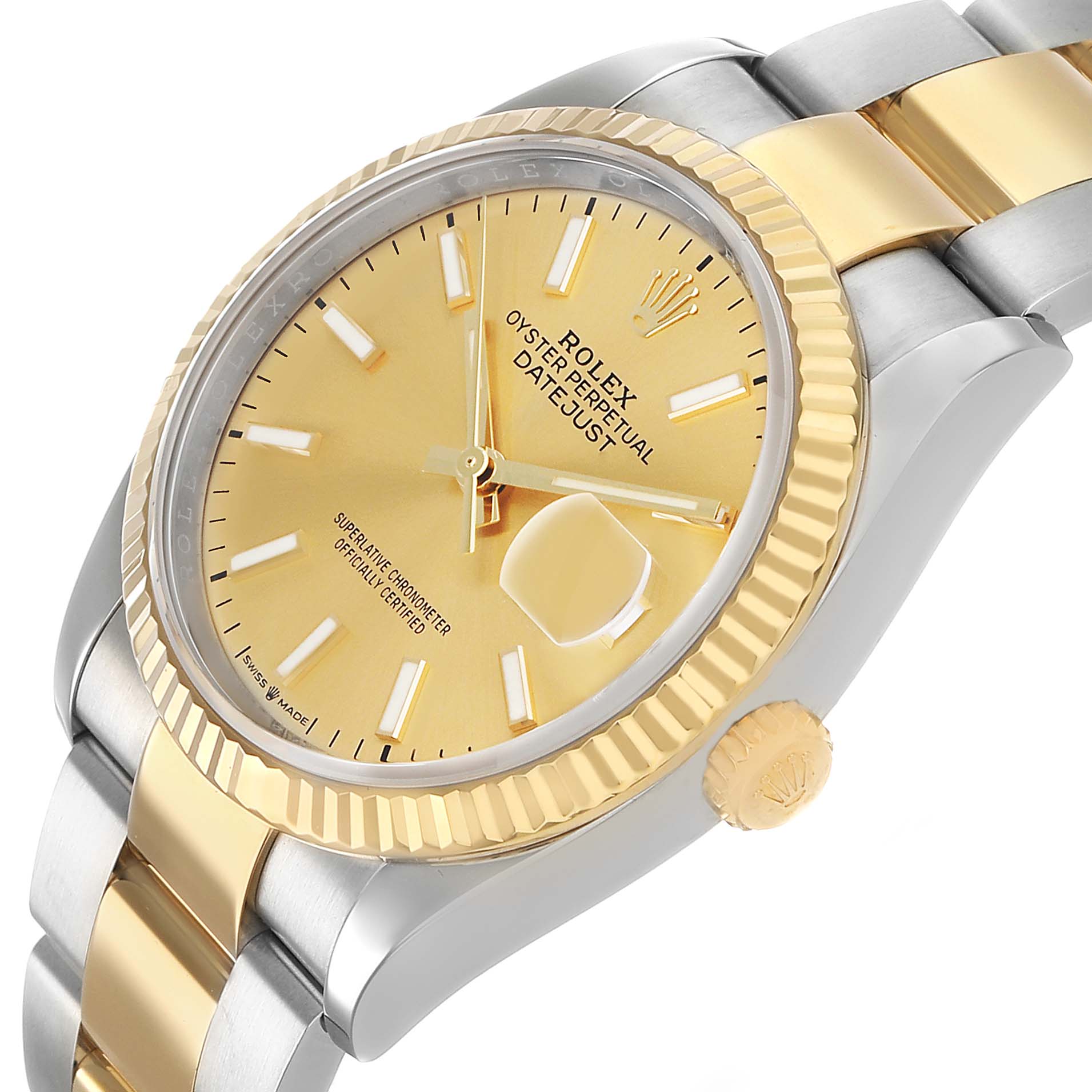 The Rolex Datejust 126233 Men's Steel and Gold (two tone) Champagne Dial is shown at an angled view, highlighting the gold dial, bezel, cyclops lens, and two-tone bracelet.