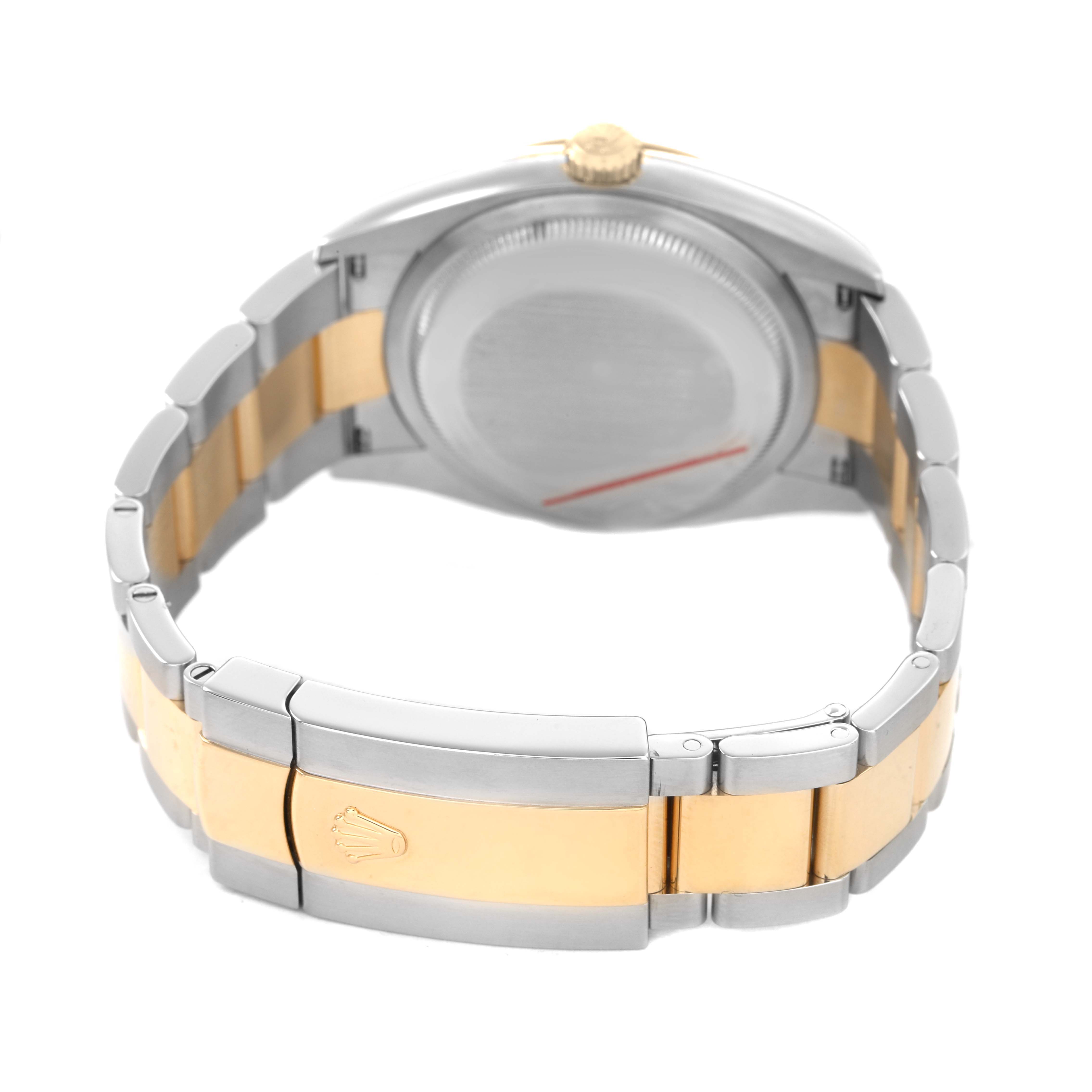 The image shows the back and bracelet of a Rolex Datejust 126233 Men's Steel and Gold (two tone) Champagne Dial, highlighting its two-tone metal design.