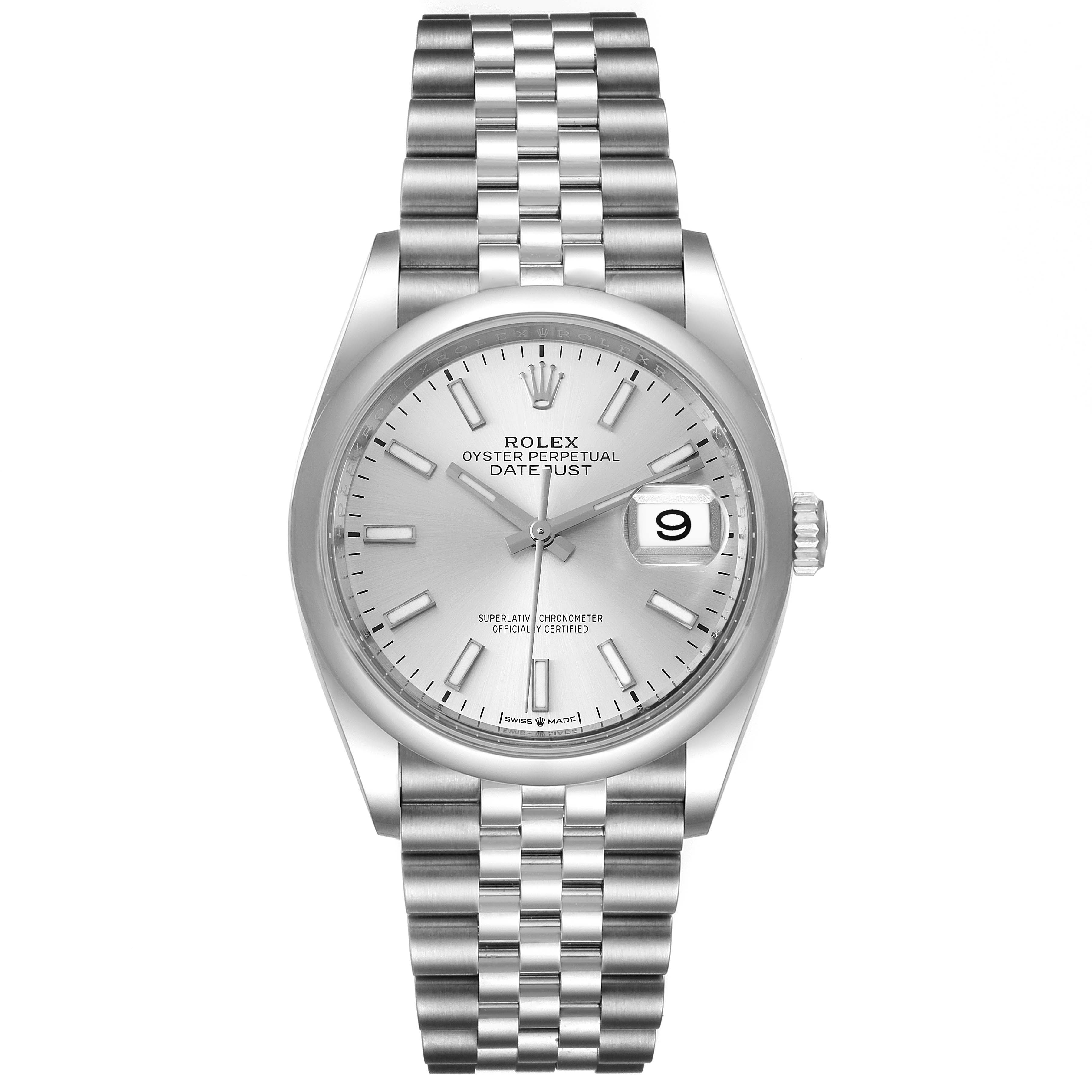 The Rolex Datejust 126200 Men's Stainless Steel Silver Dial 126200 Men's Stainless Steel Silver Dial watch is shown from a front angle, displaying the dial, hands, date window, and bracelet.