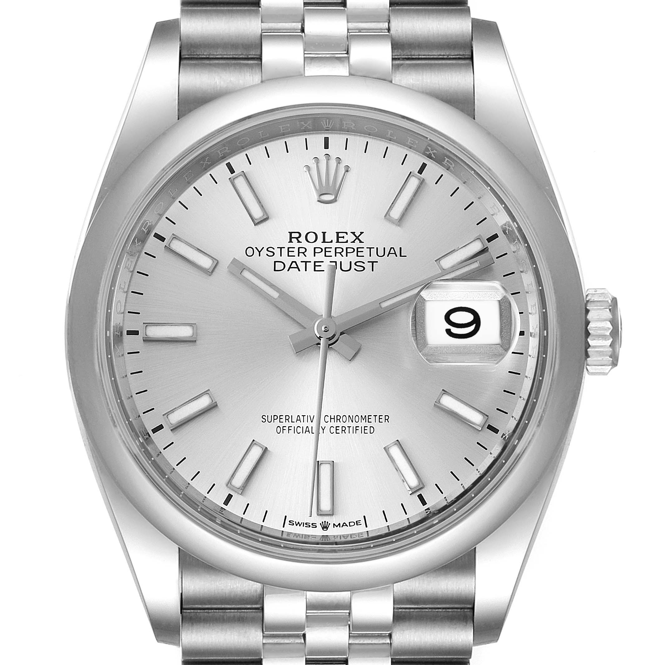 This image shows a front view of a Rolex Datejust 126200 Men's Stainless Steel Silver Dial 126200 Men's Stainless Steel Silver Dial watch, highlighting its dial, bezel, hands, date window, and part of the bracelet.