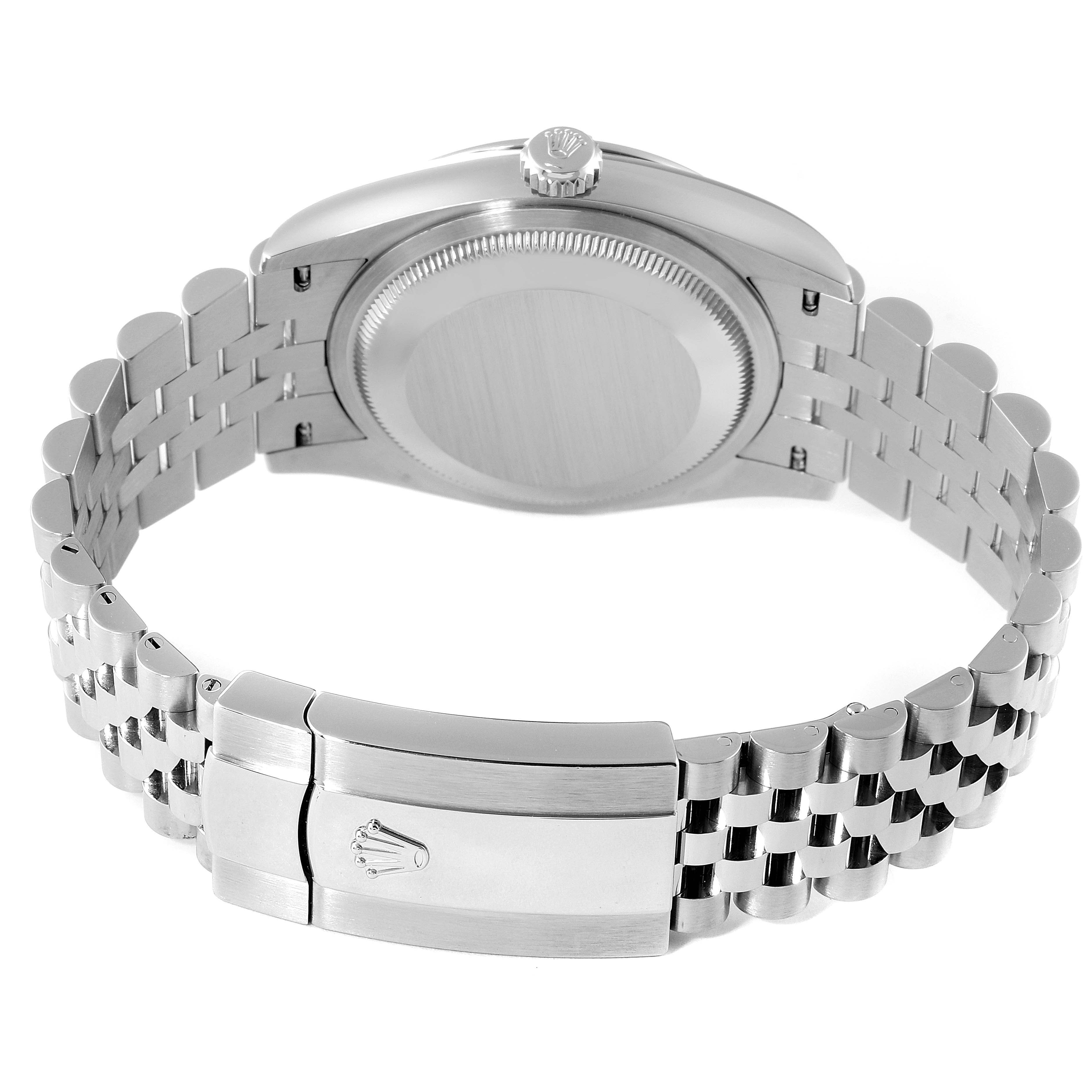 This image shows the back view of a Rolex Datejust 126200 Men's Stainless Steel Silver Dial 126200 Men's Stainless Steel Silver Dial watch, highlighting the case back, crown, and jubilee bracelet with clasp.