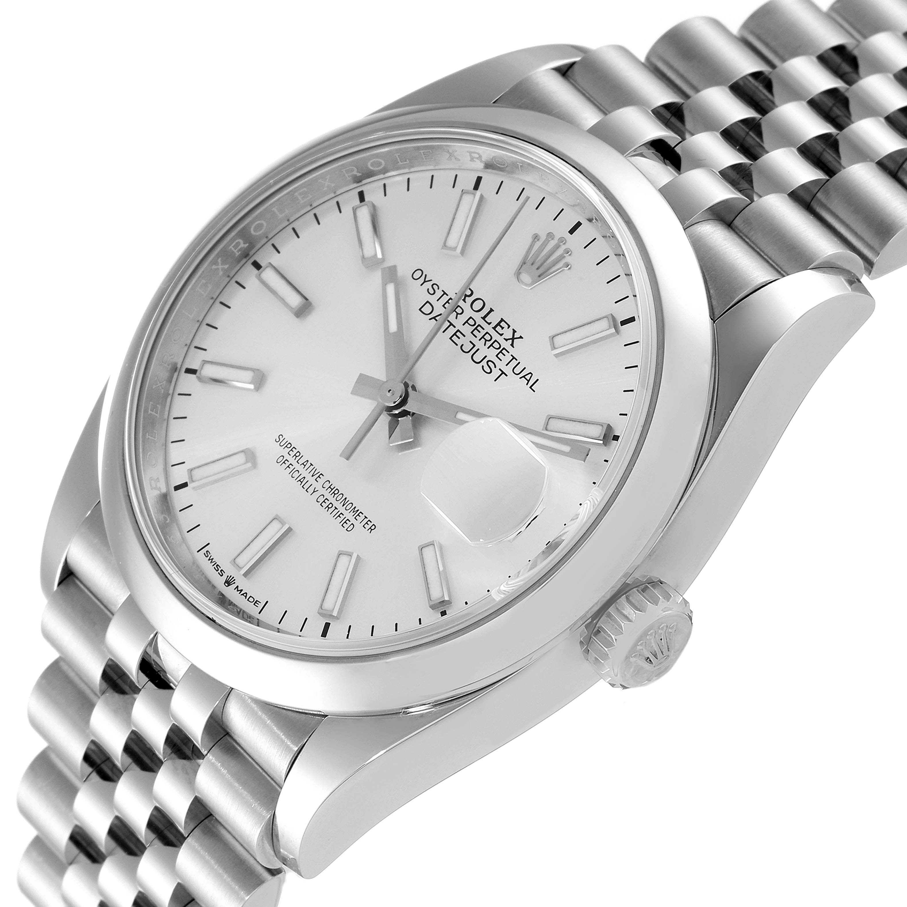The image shows a side angle of the Rolex Datejust 126200 Men's Stainless Steel Silver Dial 126200 Men's Stainless Steel Silver Dial watch, highlighting its dial, case, crown, and bracelet.