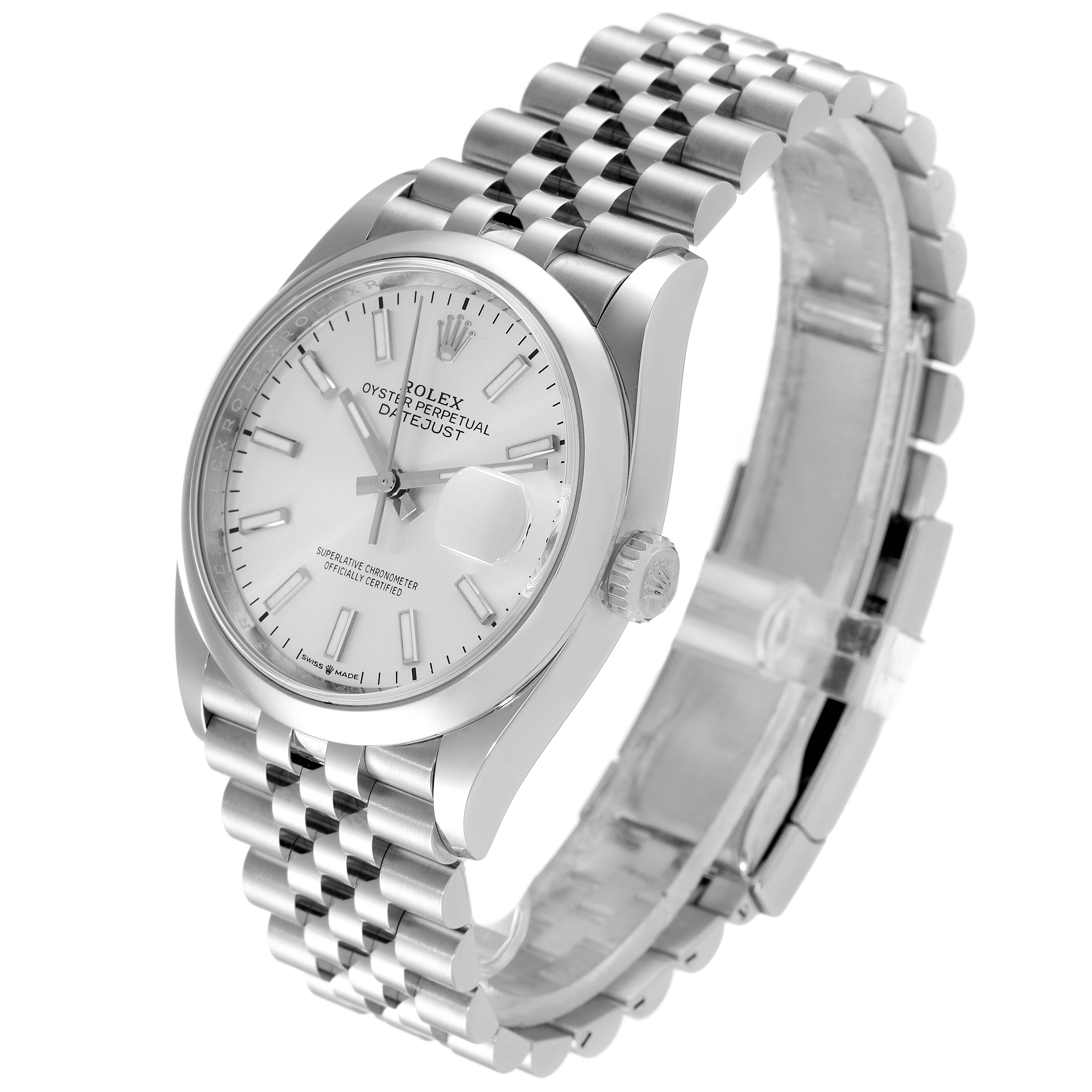 This image shows a Rolex Datejust 126200 Men's Stainless Steel Silver Dial 126200 Men's Stainless Steel Silver Dial watch angled slightly from above, highlighting its silver case, bracelet, and white dial.