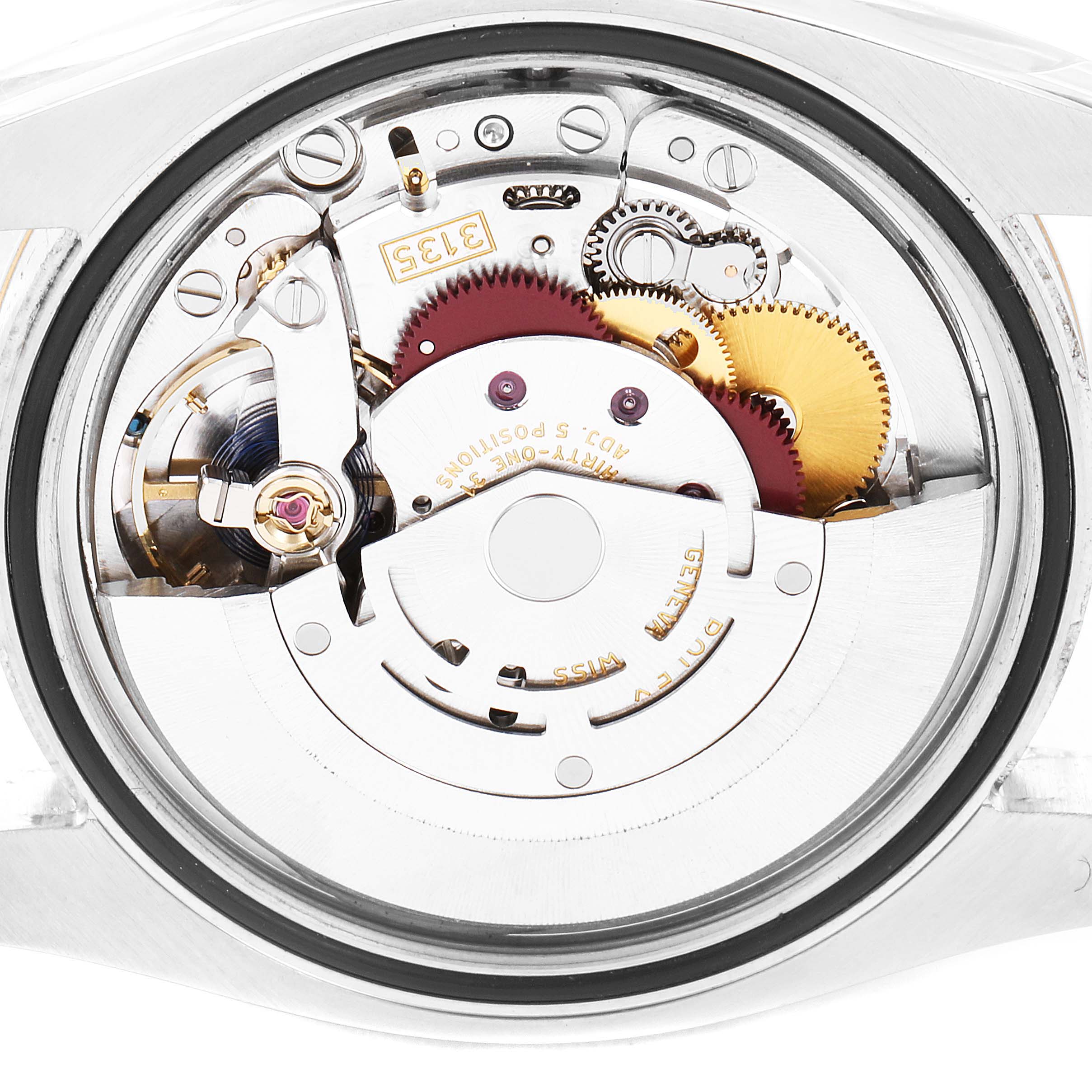 The image shows the open case back revealing the movement and inner workings of the Rolex Datejust 116231 Men's Steel and Gold (two tone) Mother of Pearl Dial 116231 Men's Steel and Gold (two tone) Mother of Pearl Dial watch.