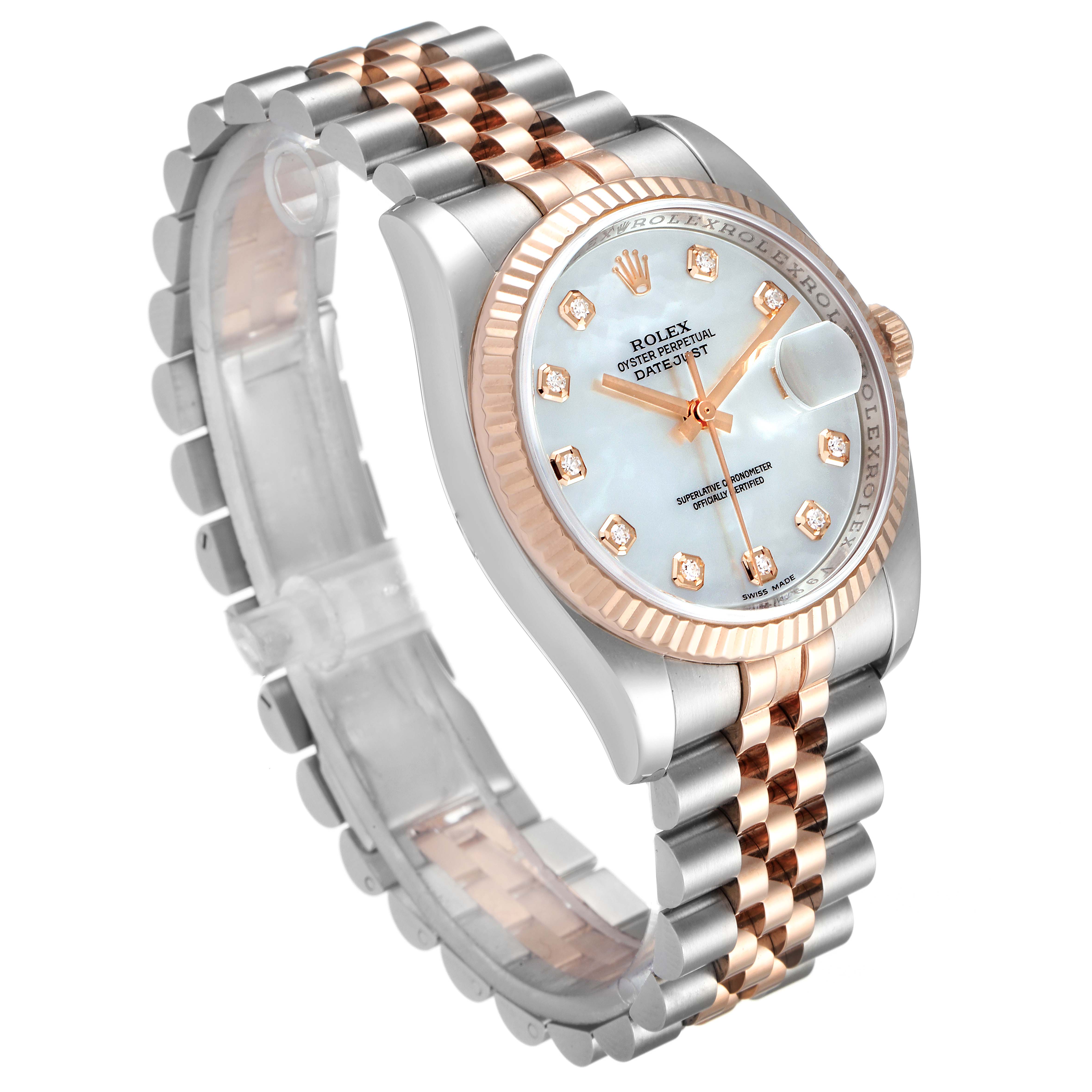 The image shows a Rolex Datejust 116231 Men's Steel and Gold (two tone) Mother of Pearl Dial 116231 Men's Steel and Gold (two tone) Mother of Pearl Dial watch at an angled side view, highlighting its two-tone bracelet and detailed face.