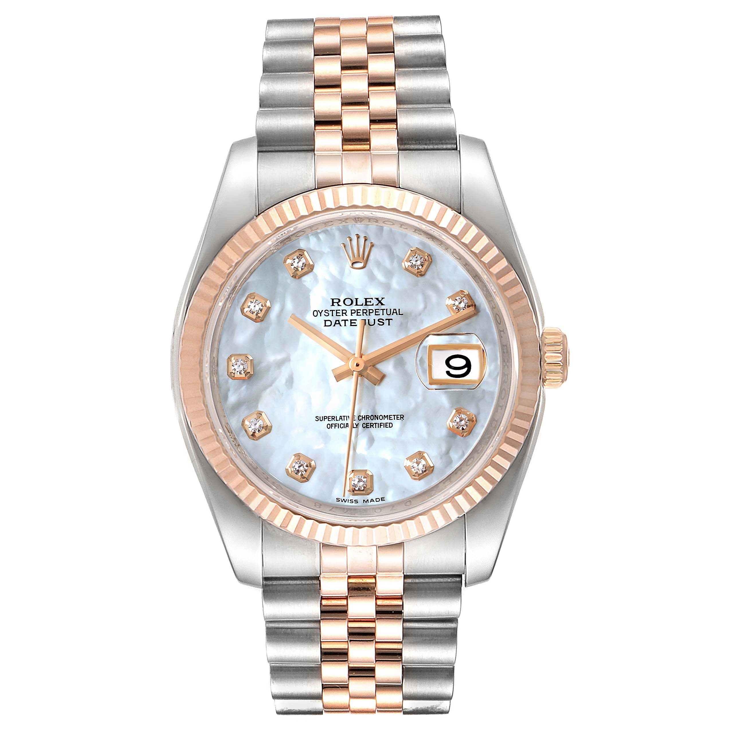 This image shows a front view of a Rolex Datejust 116231 Men's Steel and Gold (two tone) Mother of Pearl Dial 116231 Men's Steel and Gold (two tone) Mother of Pearl Dial watch, featuring a two-tone bracelet and a date display at 3 o'clock.