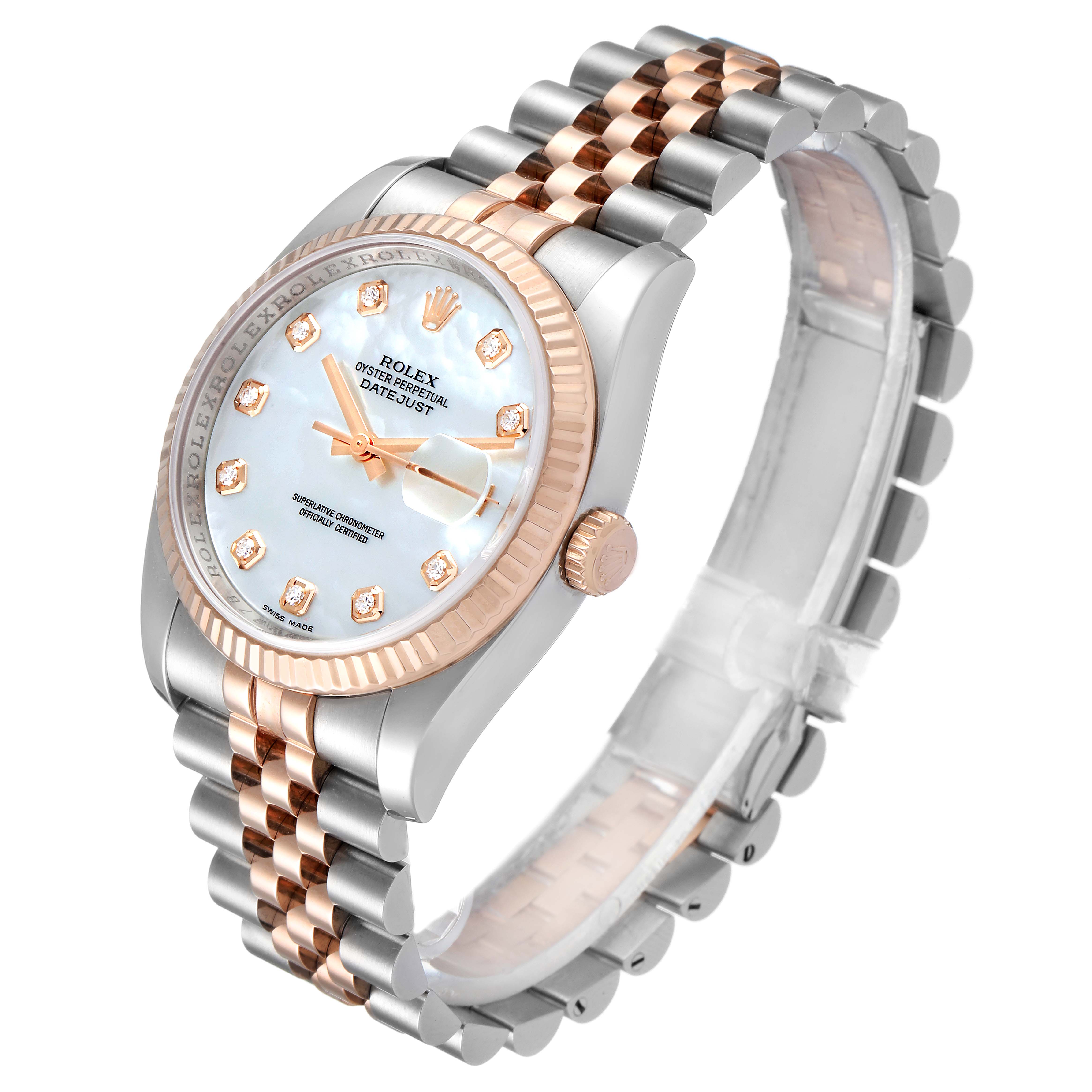 The image shows a Rolex Datejust 116231 Men's Steel and Gold (two tone) Mother of Pearl Dial 116231 Men's Steel and Gold (two tone) Mother of Pearl Dial watch from an oblique angle, highlighting its dial, case, fluted bezel, and two-tone Jubilee bracelet.