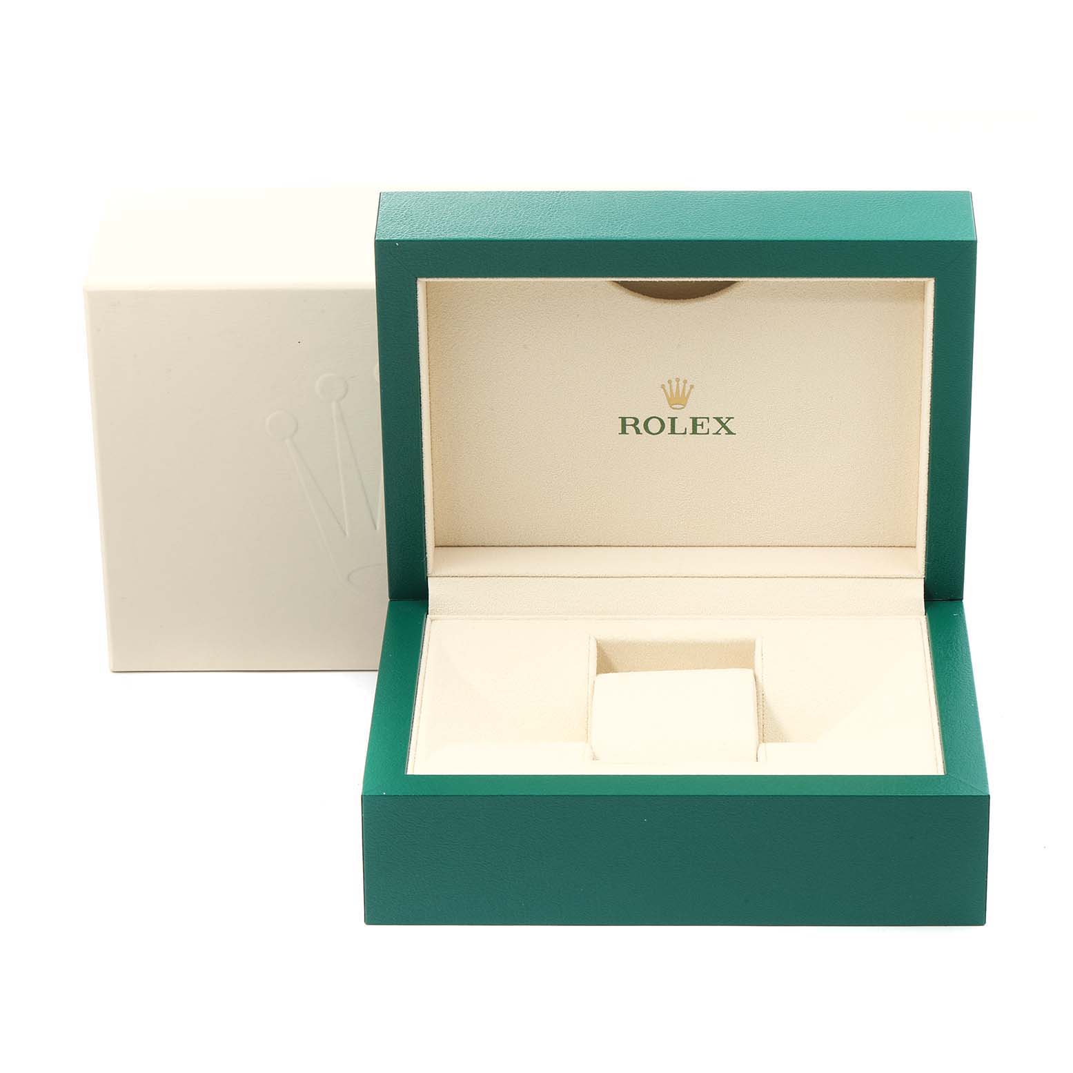 This image shows an open, empty Rolex Datejust 116231 Men's Steel and Gold (two tone) Mother of Pearl Dial 116231 Men's Steel and Gold (two tone) Mother of Pearl Dial watch box from a frontal angle, displaying the interior and exterior packaging.
