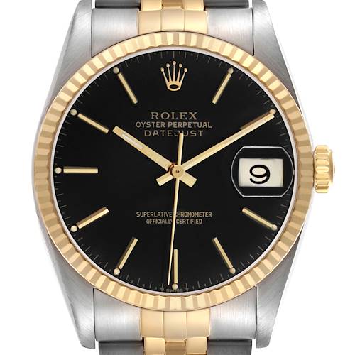 The image shows a front view of a Rolex Datejust 16233 Men's Steel and Gold (two tone) Black Dial, highlighting the dial, bezel, and bracelet.