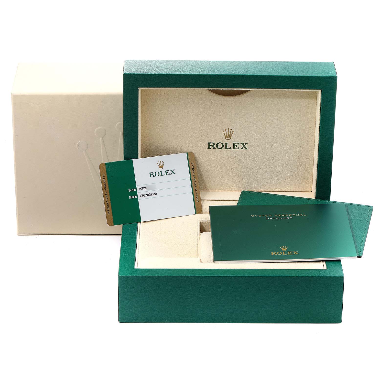 The image shows the box, booklet, and warranty card for a Rolex Datejust 126283 Men's Steel and Gold (two tone) White Dial 126283 Men's Steel and Gold (two tone) White Dial watch.