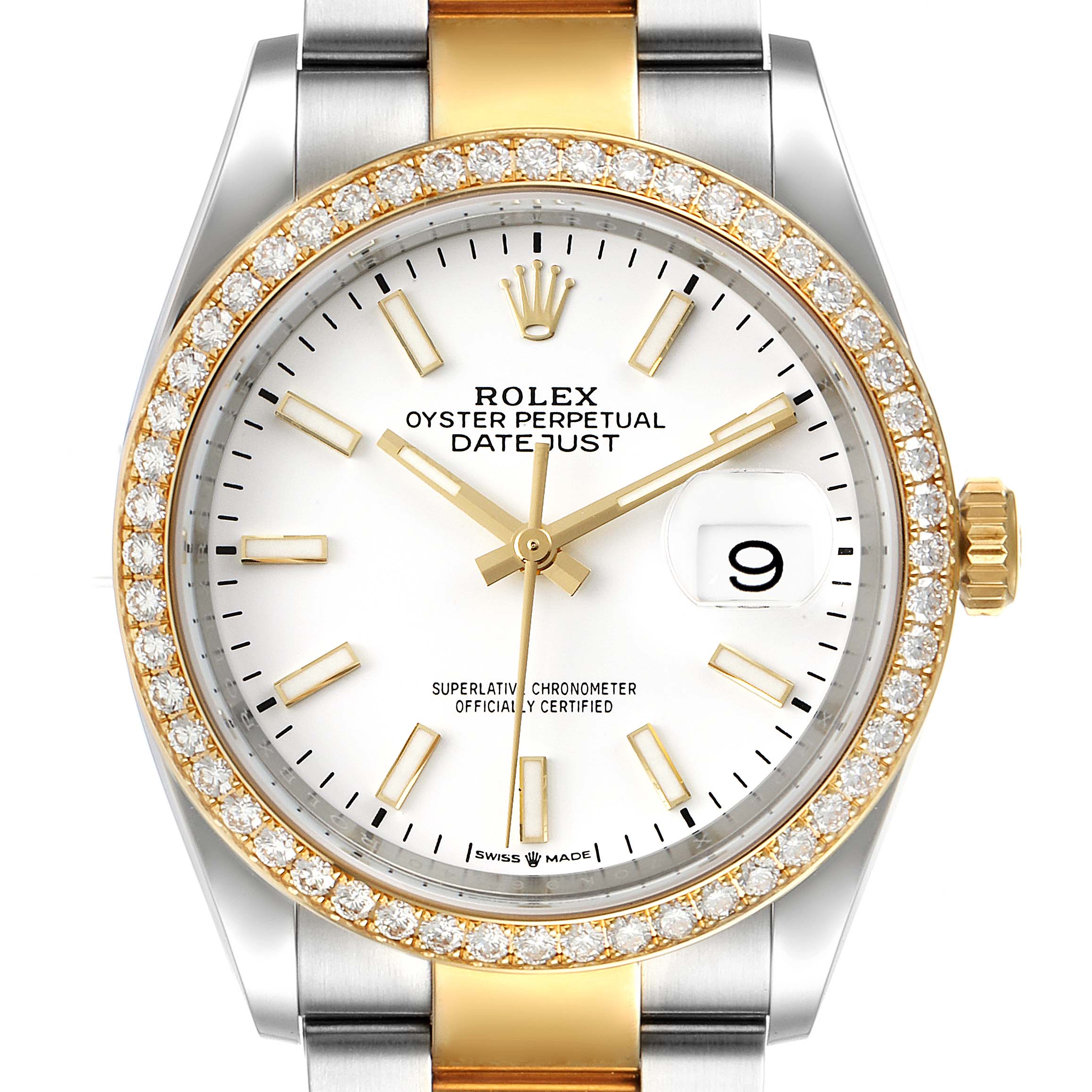 The Rolex Datejust 126283 Men's Steel and Gold (two tone) White Dial 126283 Men's Steel and Gold (two tone) White Dial watch is shown from the front, displaying its white dial, date window, diamond bezel, and gold-and-steel bracelet.