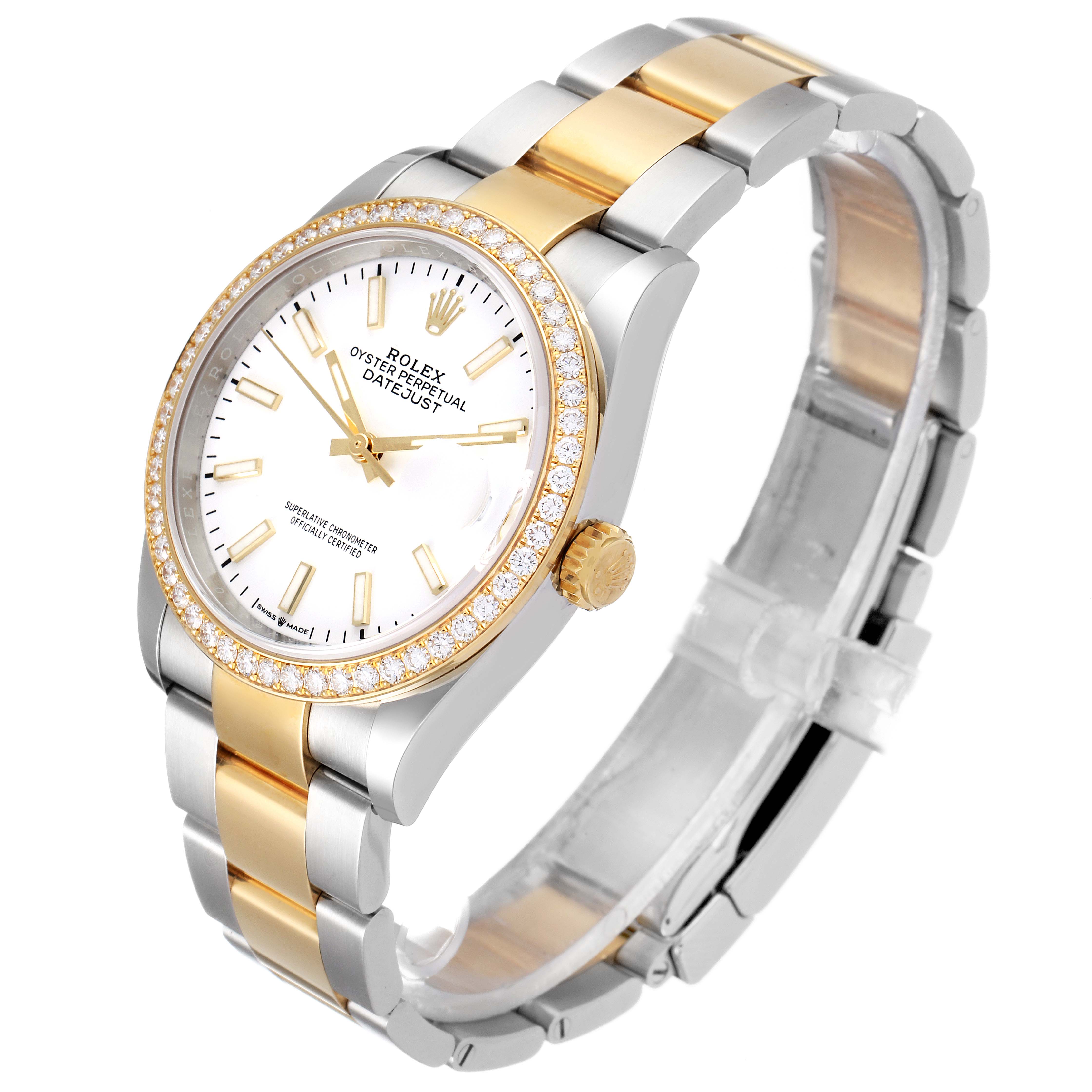 The Rolex Datejust 126283 Men's Steel and Gold (two tone) White Dial 126283 Men's Steel and Gold (two tone) White Dial watch is shown at an angle highlighting the dial, bezel, bracelet, and crown.