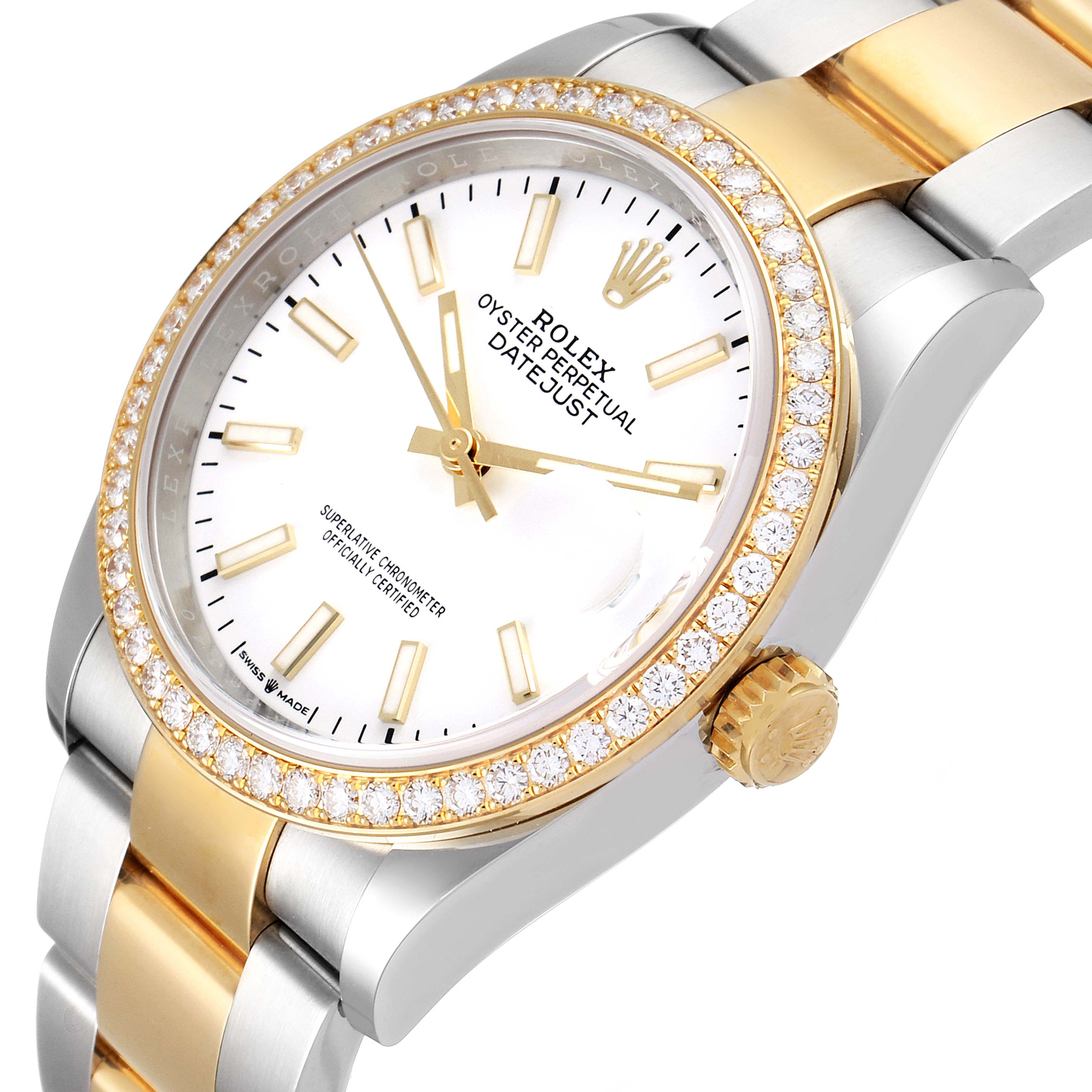 The image shows a Rolex Datejust 126283 Men's Steel and Gold (two tone) White Dial 126283 Men's Steel and Gold (two tone) White Dial watch at an angled close-up view, highlighting the bezel, crown, dial, and part of the bracelet.