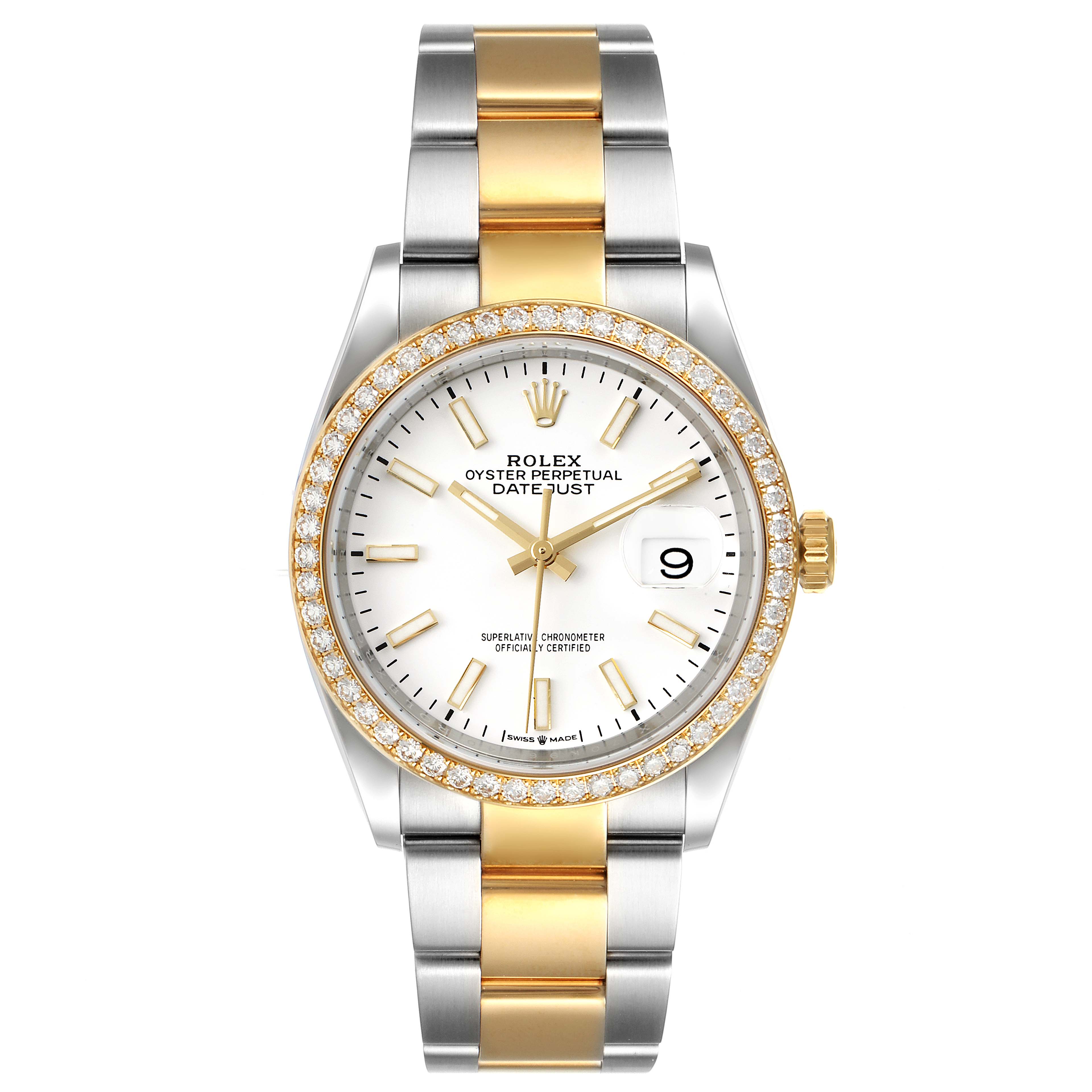 The image shows a front view of a Rolex Datejust 126283 Men's Steel and Gold (two tone) White Dial 126283 Men's Steel and Gold (two tone) White Dial watch, highlighting the bezel, dial, and bracelet.