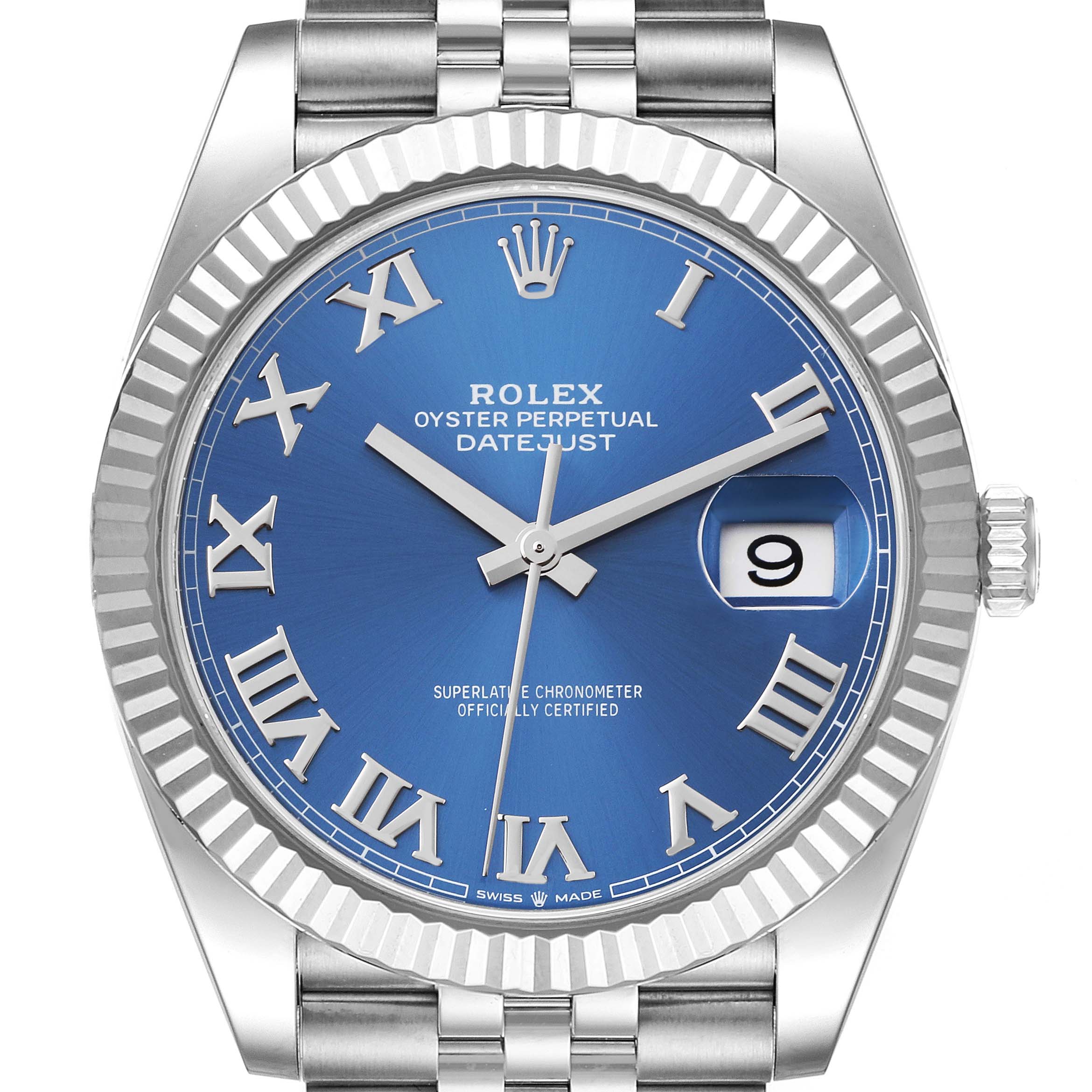 The image shows a front view of the Rolex Datejust 41 126334 Men's Stainless Steel Blue Dial 126334 Men's Stainless Steel Blue Dial watch, featuring a blue dial and silver Roman numerals.