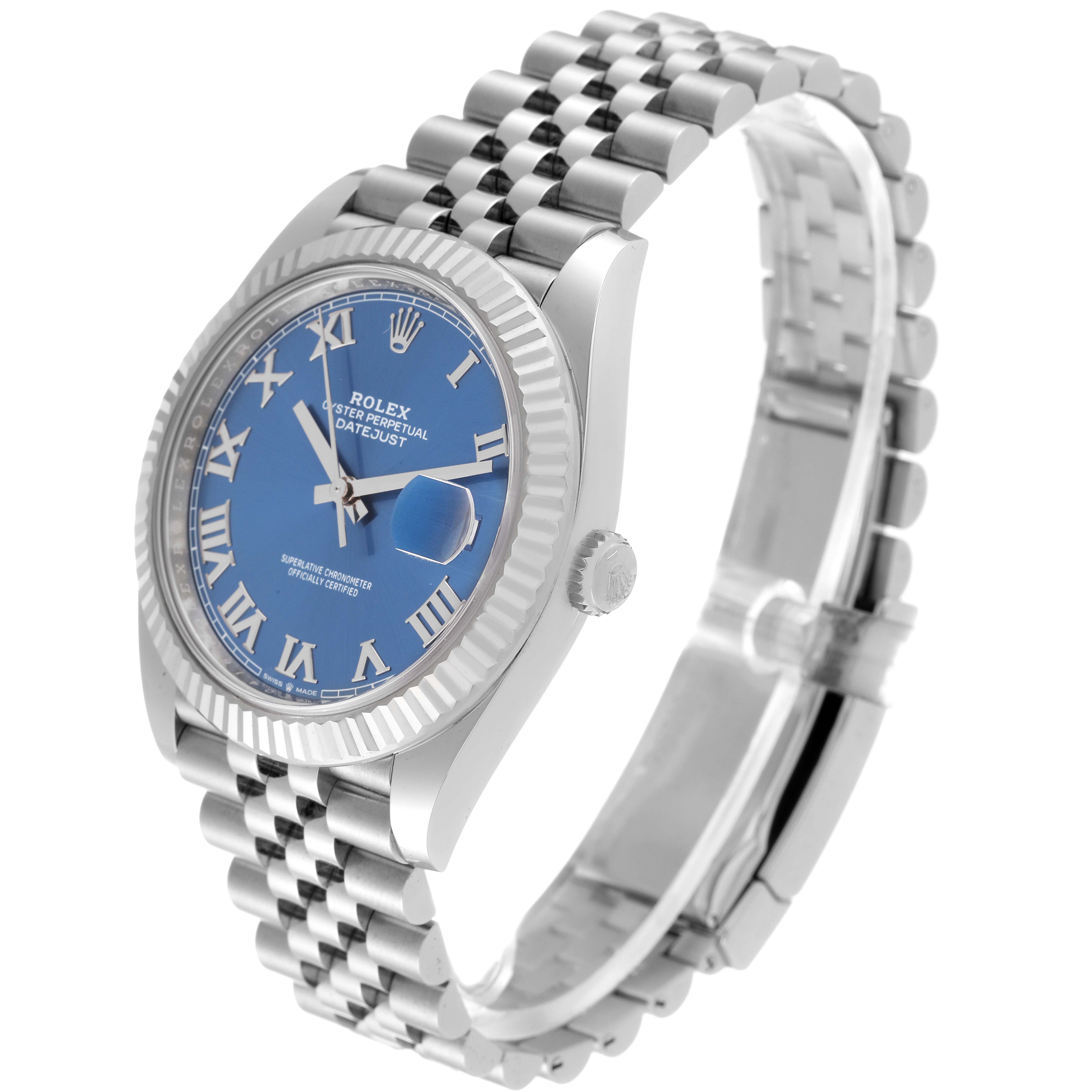 The image shows a Rolex Datejust 41 126334 Men's Stainless Steel Blue Dial 126334 Men's Stainless Steel Blue Dial watch at a tilted side angle, highlighting the blue dial, Roman numerals, and Jubilee bracelet.