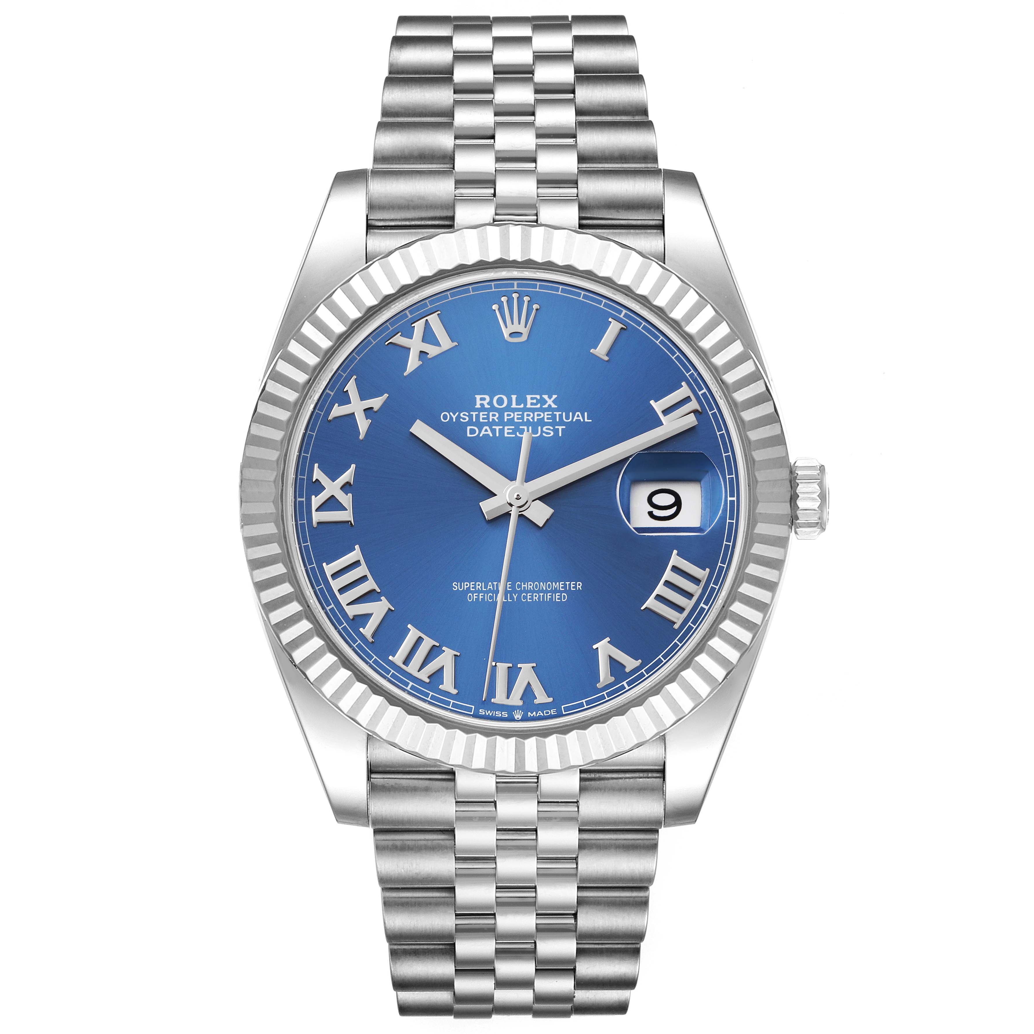 The image shows a front view of a Rolex Datejust 41 126334 Men's Stainless Steel Blue Dial 126334 Men's Stainless Steel Blue Dial model, highlighting the blue dial, fluted bezel, and Jubilee bracelet.