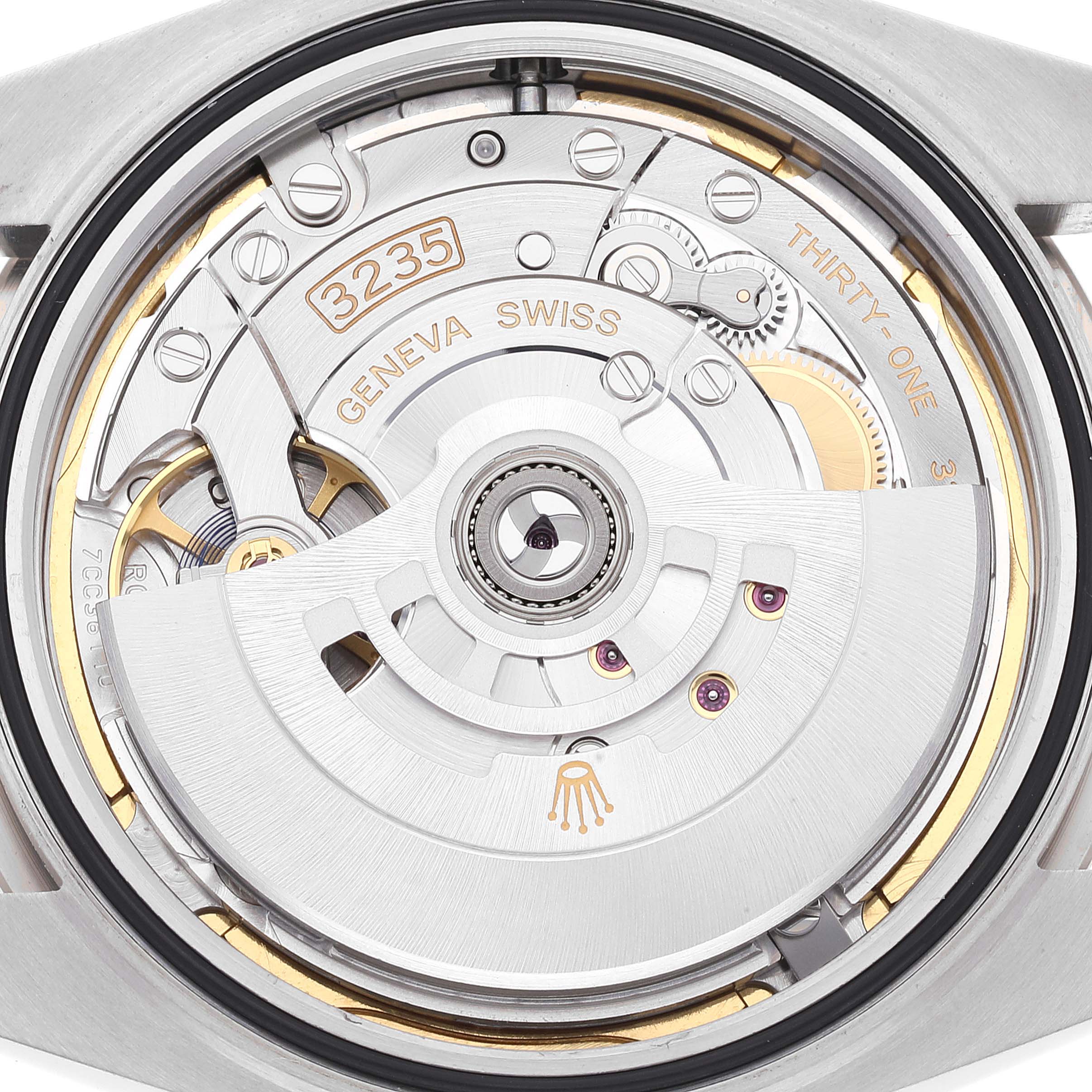 This image shows a close-up, detailed view of the movement inside the back of a Rolex Datejust 41 126334 Men's Stainless Steel Blue Dial 126334 Men's Stainless Steel Blue Dial model watch.