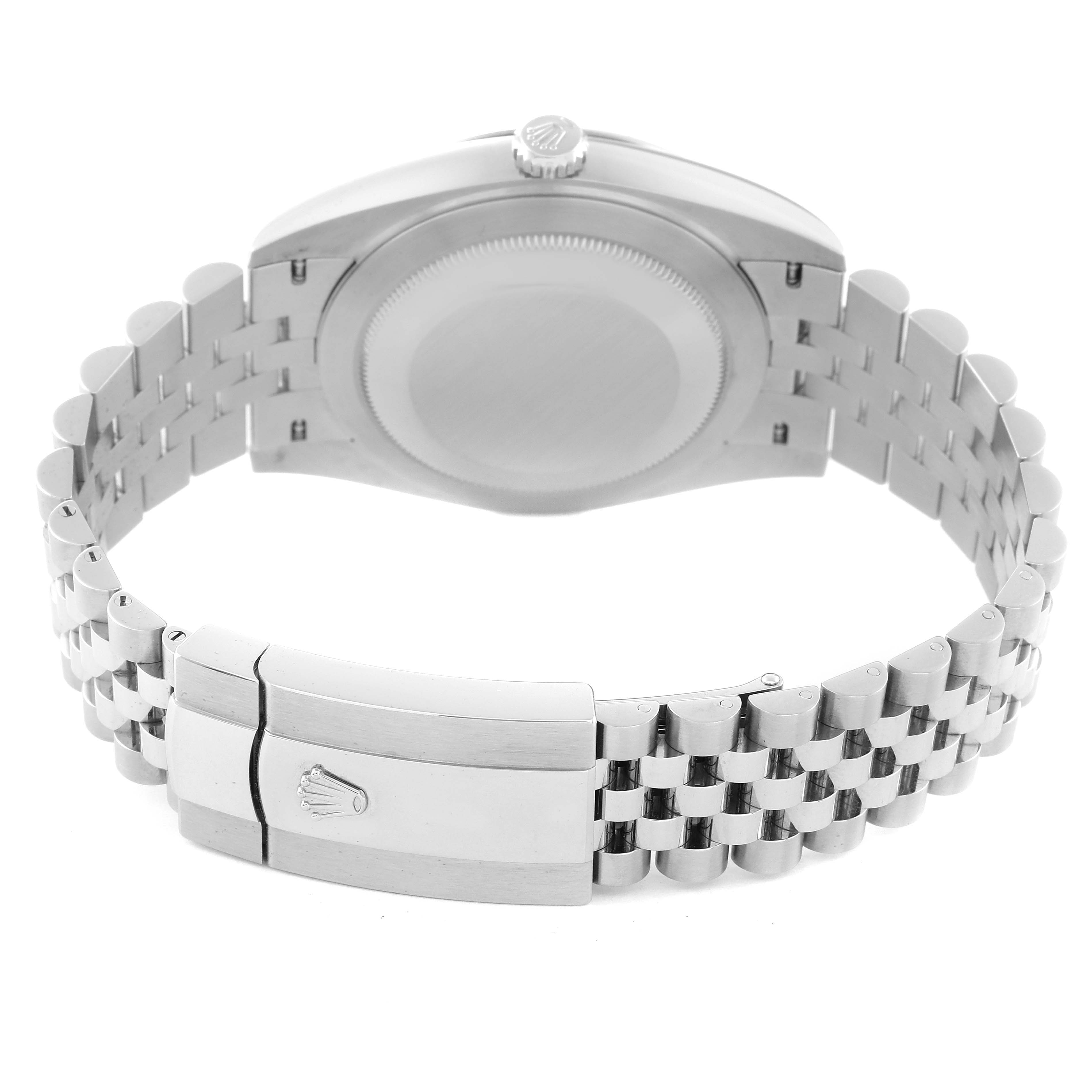 The image shows the back view of the Rolex Datejust 41 126334 Men's Stainless Steel Blue Dial 126334 Men's Stainless Steel Blue Dial watch, featuring its bracelet and clasp.