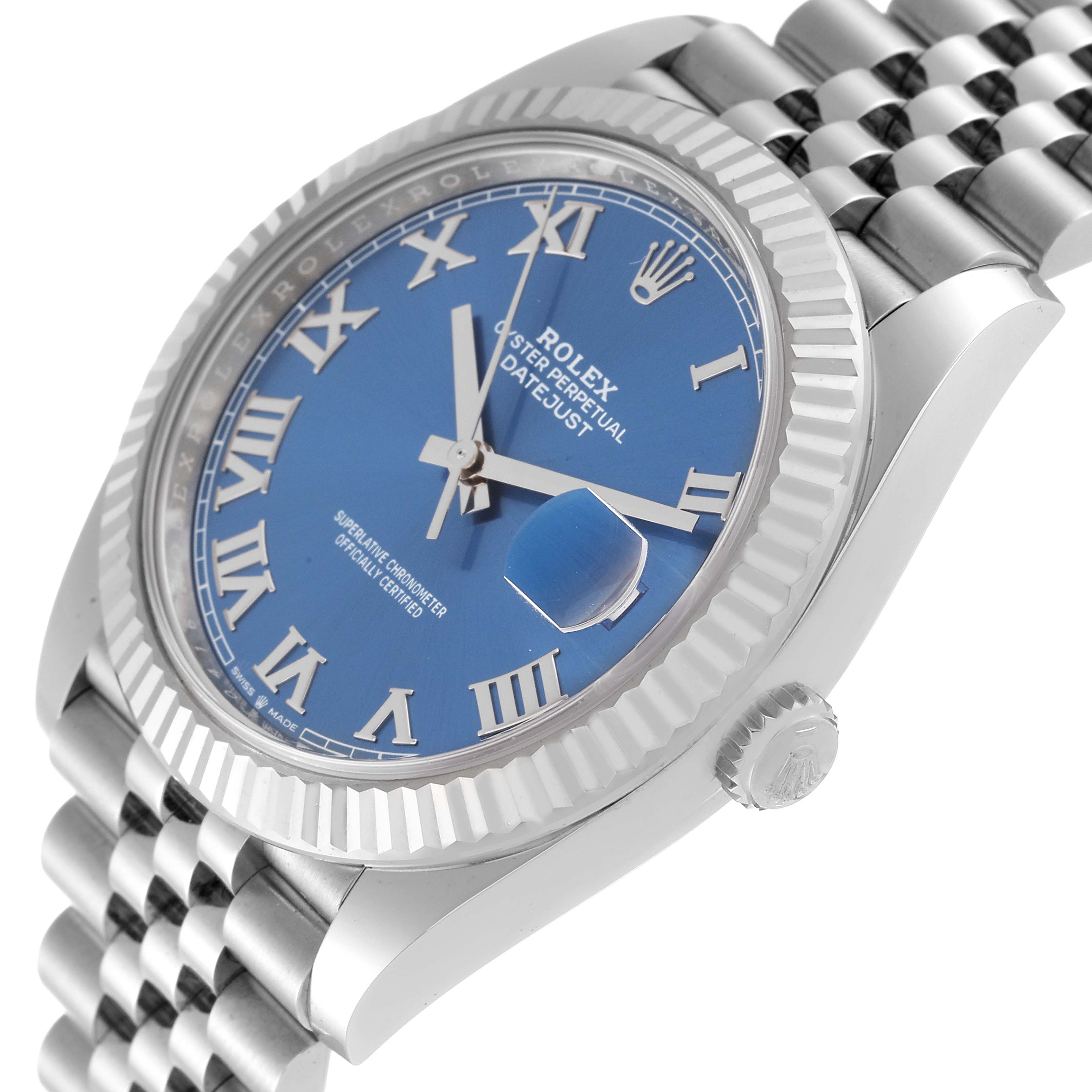 The Rolex Datejust 41 126334 Men's Stainless Steel Blue Dial 126334 Men's Stainless Steel Blue Dial is shown at a slight angle displaying the blue dial, fluted bezel, Jubilee bracelet, and crown.