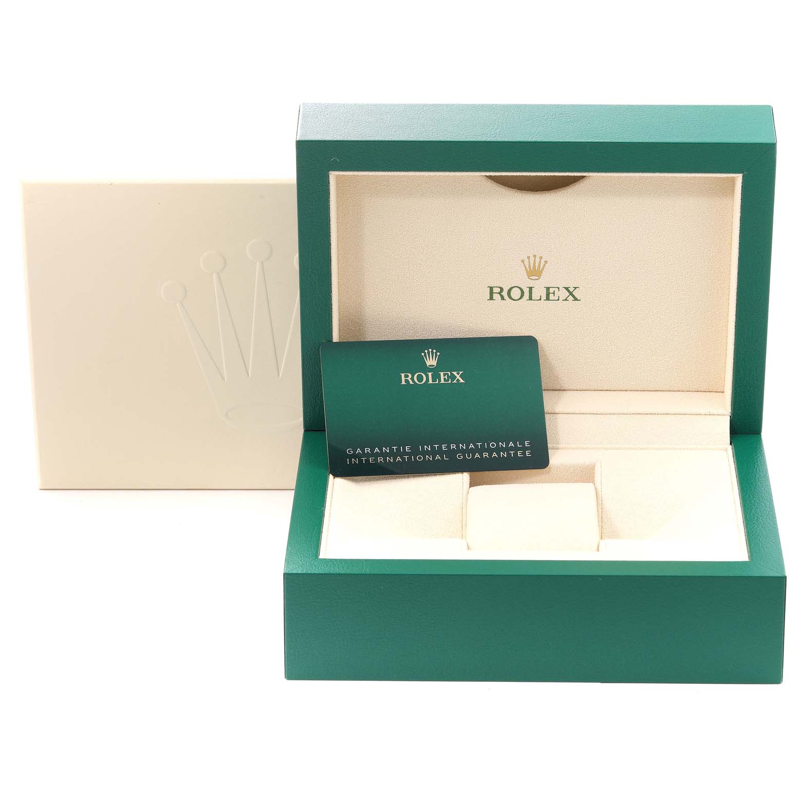 The image shows the opened green box and international guarantee card for the Rolex Datejust 41 126334 Men's Stainless Steel Blue Dial 126334 Men's Stainless Steel Blue Dial model.