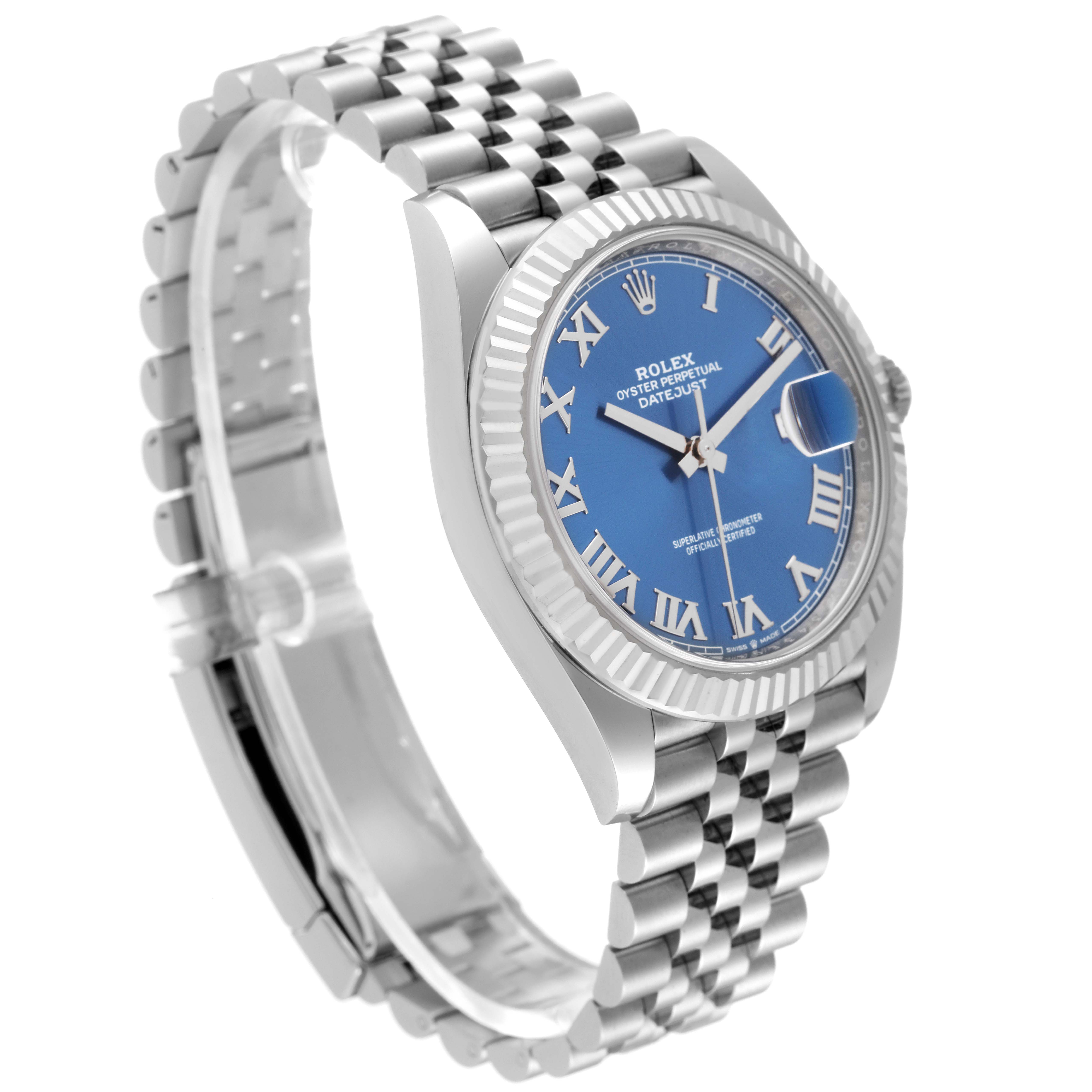 The image shows a side angle of a Rolex Datejust 41 126334 Men's Stainless Steel Blue Dial 126334 Men's Stainless Steel Blue Dial watch, highlighting its blue dial, fluted bezel, and Jubilee bracelet.