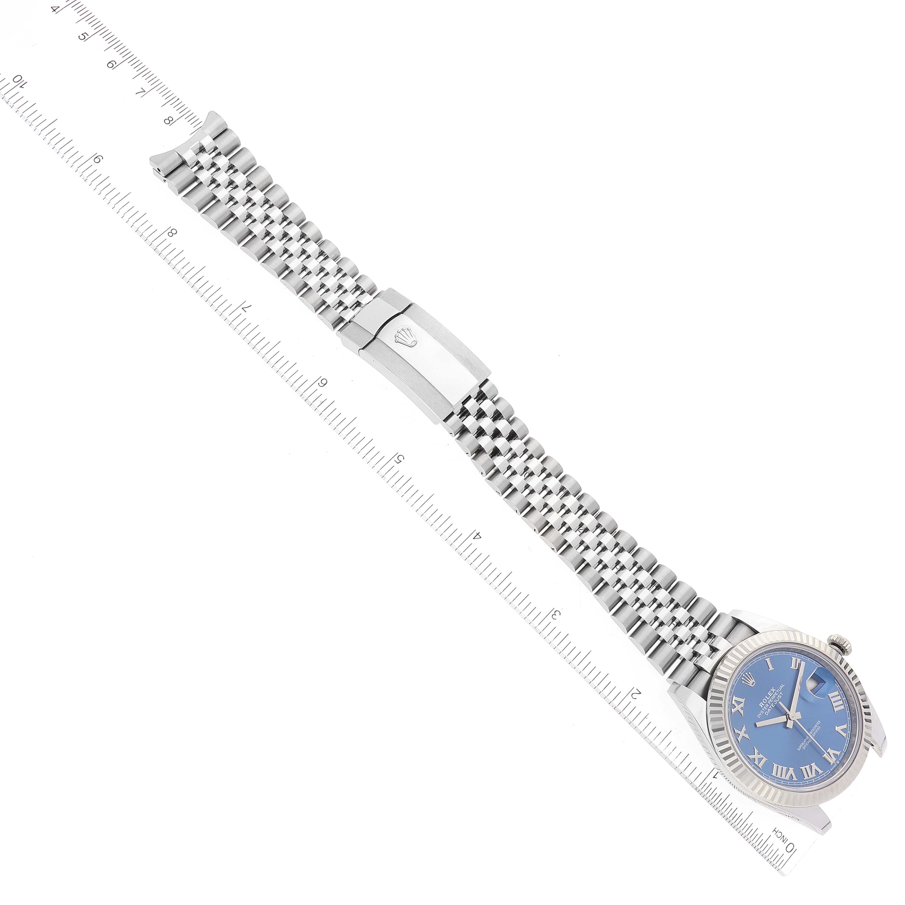 The watch shown is a Rolex Datejust 41 126334 Men's Stainless Steel Blue Dial 126334 Men's Stainless Steel Blue Dial model, displayed flat, showcasing the dial, bracelet, and clasp.